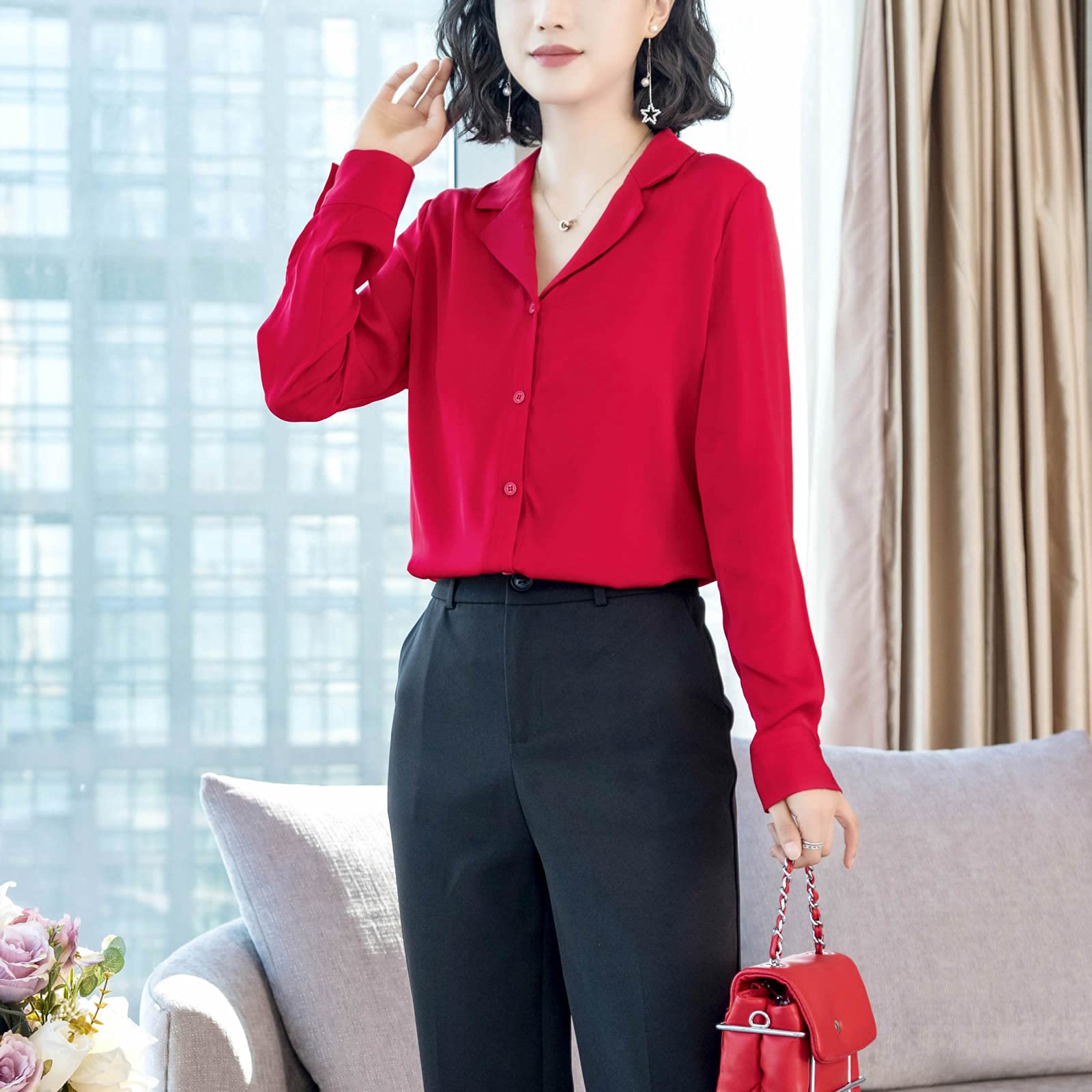 Valin Blusa de seda para mujer, camisa de seda sólida, con botones, blusa de manga larga, solapa de seda, S3302