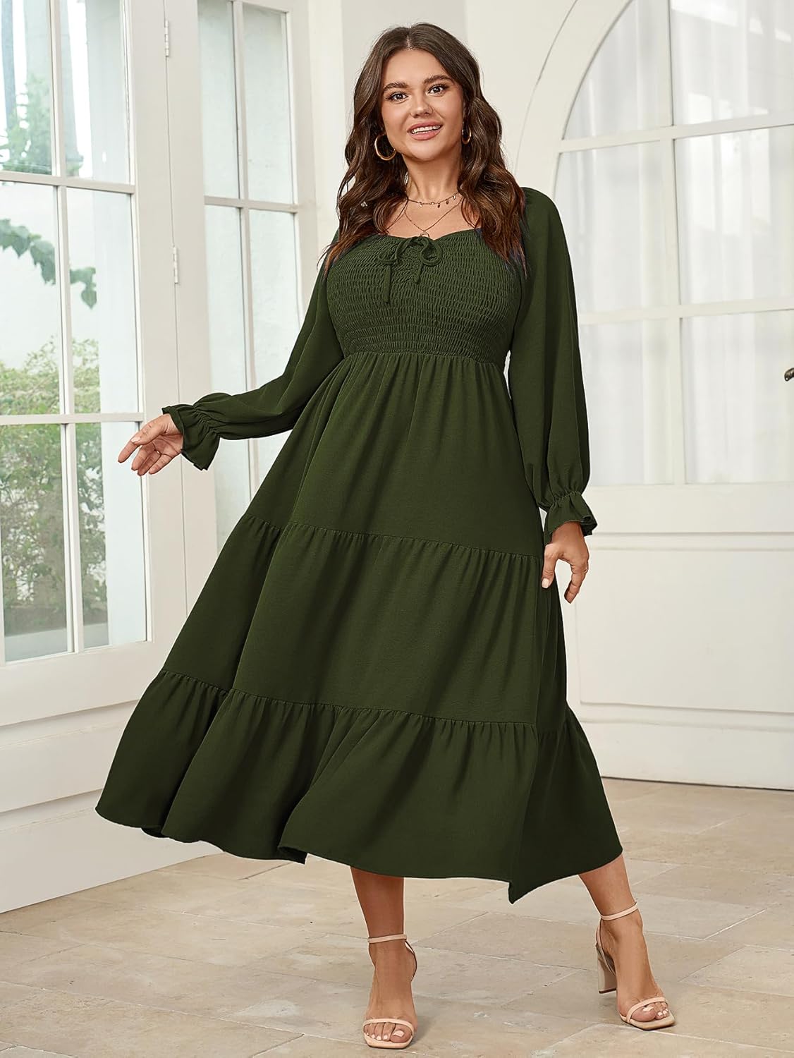 Womens Plus Size Flowy Maxi Dress Long Sleeve Square Neck Smocked A Line Formal Long Dresses for Women Wedding Guest - Image 4