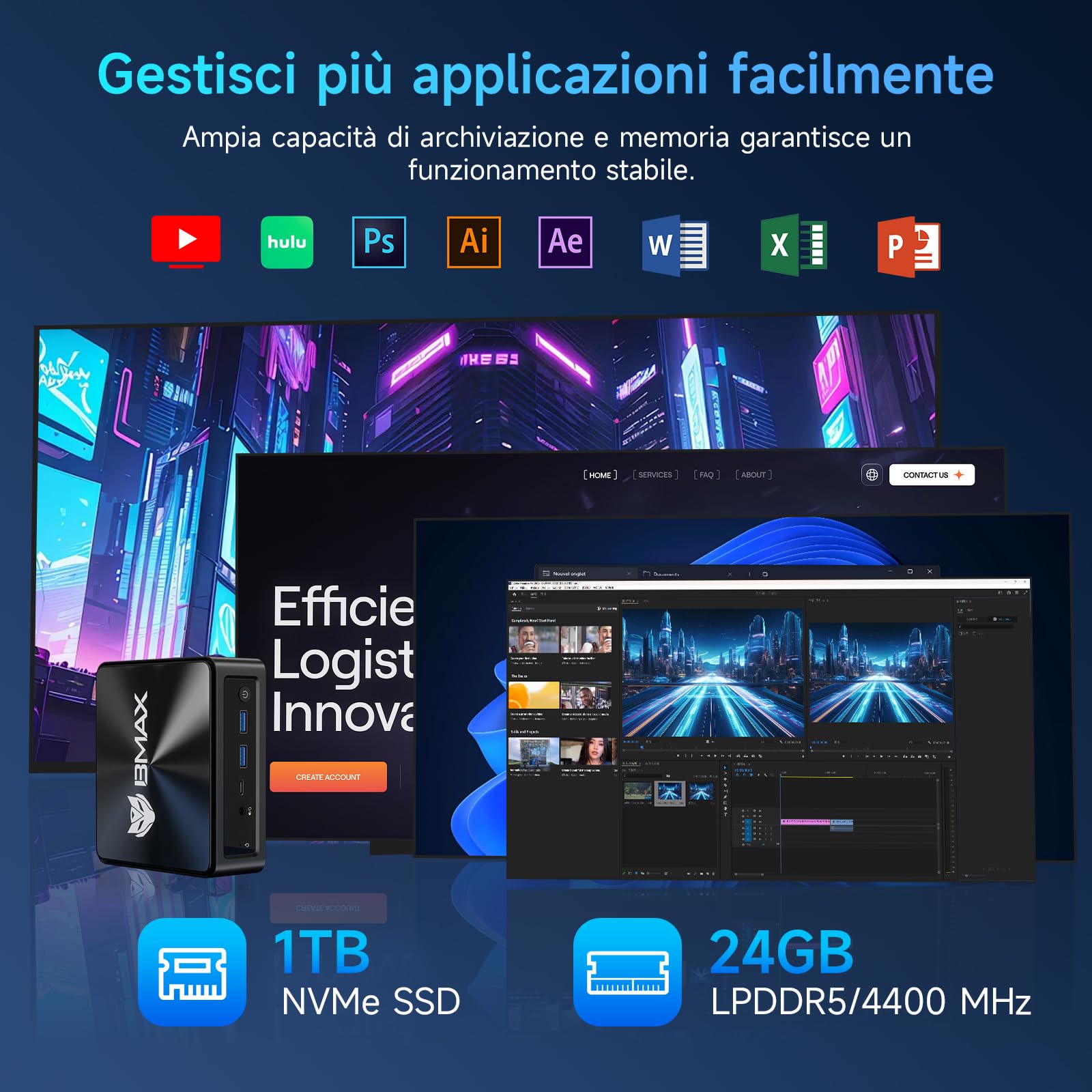 BMAX Mini PC B9Power, Intel Core i9 12900H, 24 GB LPDDR5, 1 TB NVMe SSD, 14 Core/20 Thread Desktop PC, HDMI 2.1/USB-C/DP 1.4a, RJ45 LAN, 4 porte USB, Wi-Fi 6 Gaming PC