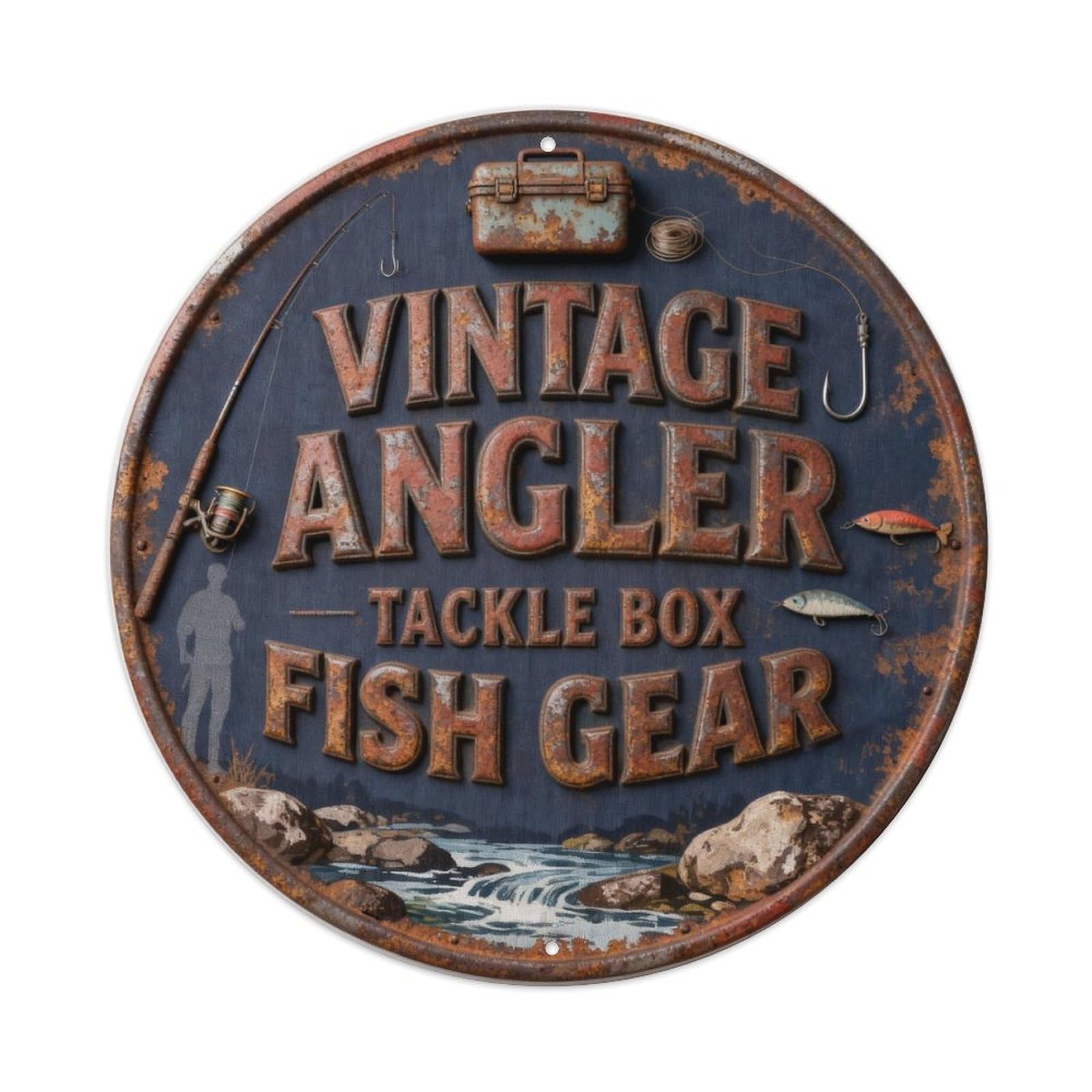 VINTAGE ANGLER TACKLE BOX FISH GEAR Metal Tin Sign Plaque