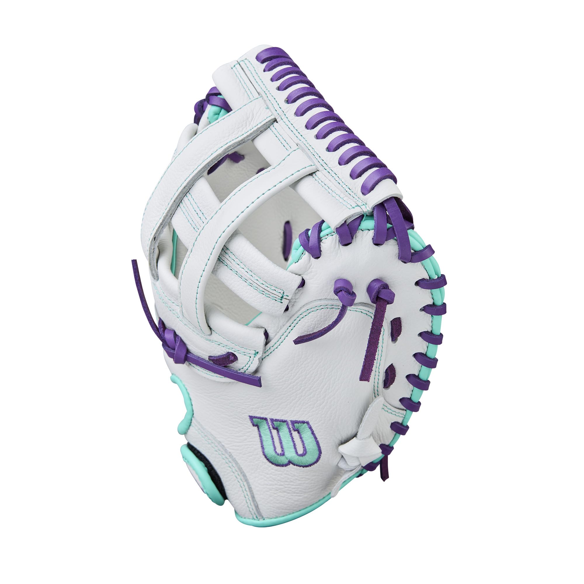 Wilson Manopla para receptores de sóftbol de lanzamiento rápido A500 de 32 pulgadas, para lanzar a la derecha, blanco/espuma de mar/morado