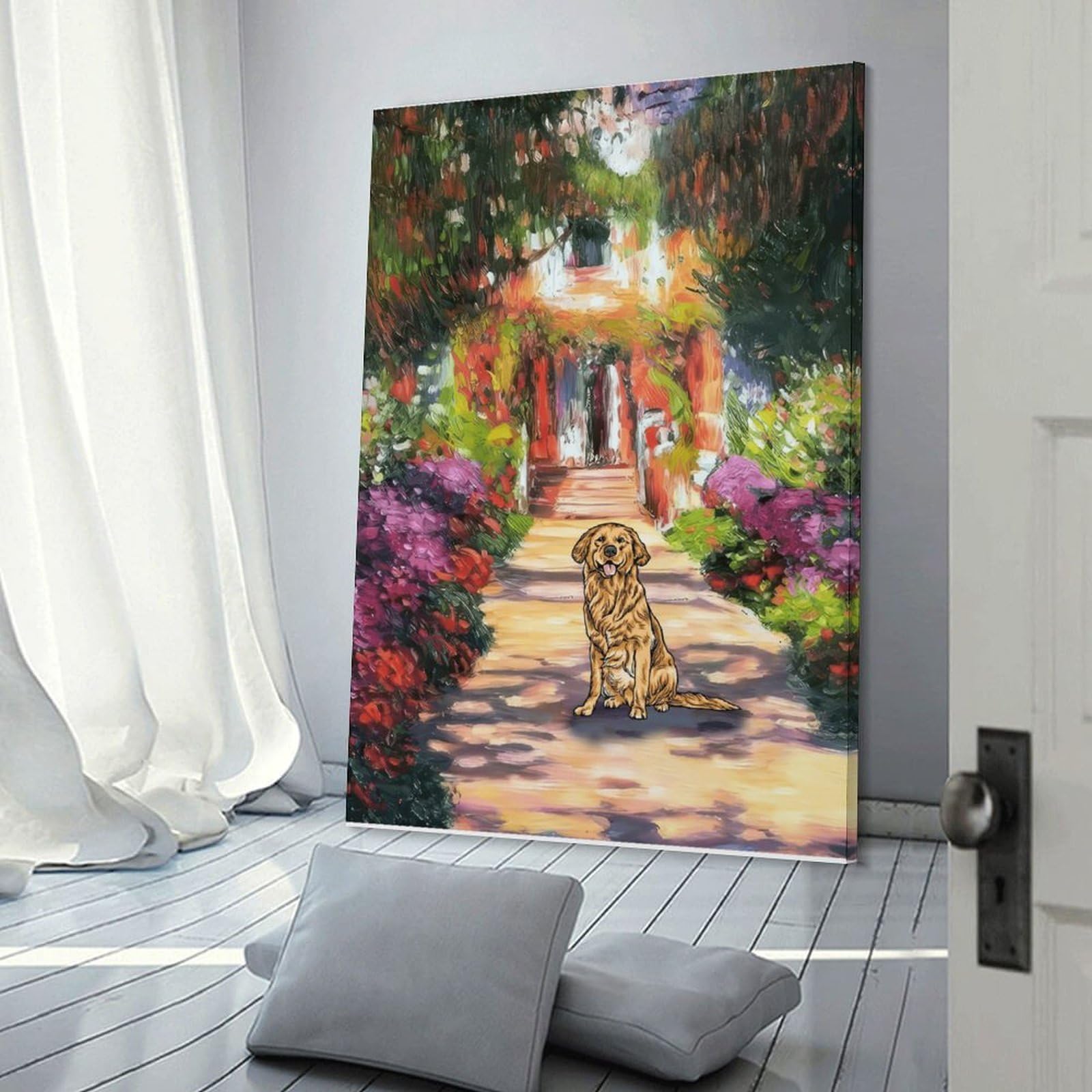 Junmoney Garden Path with Golden Retriever Hanging Wall Art, 20x30inch(50x75cm), for Gallery Wall Decor And Room Displays, Home Wall Art for Statement Displays