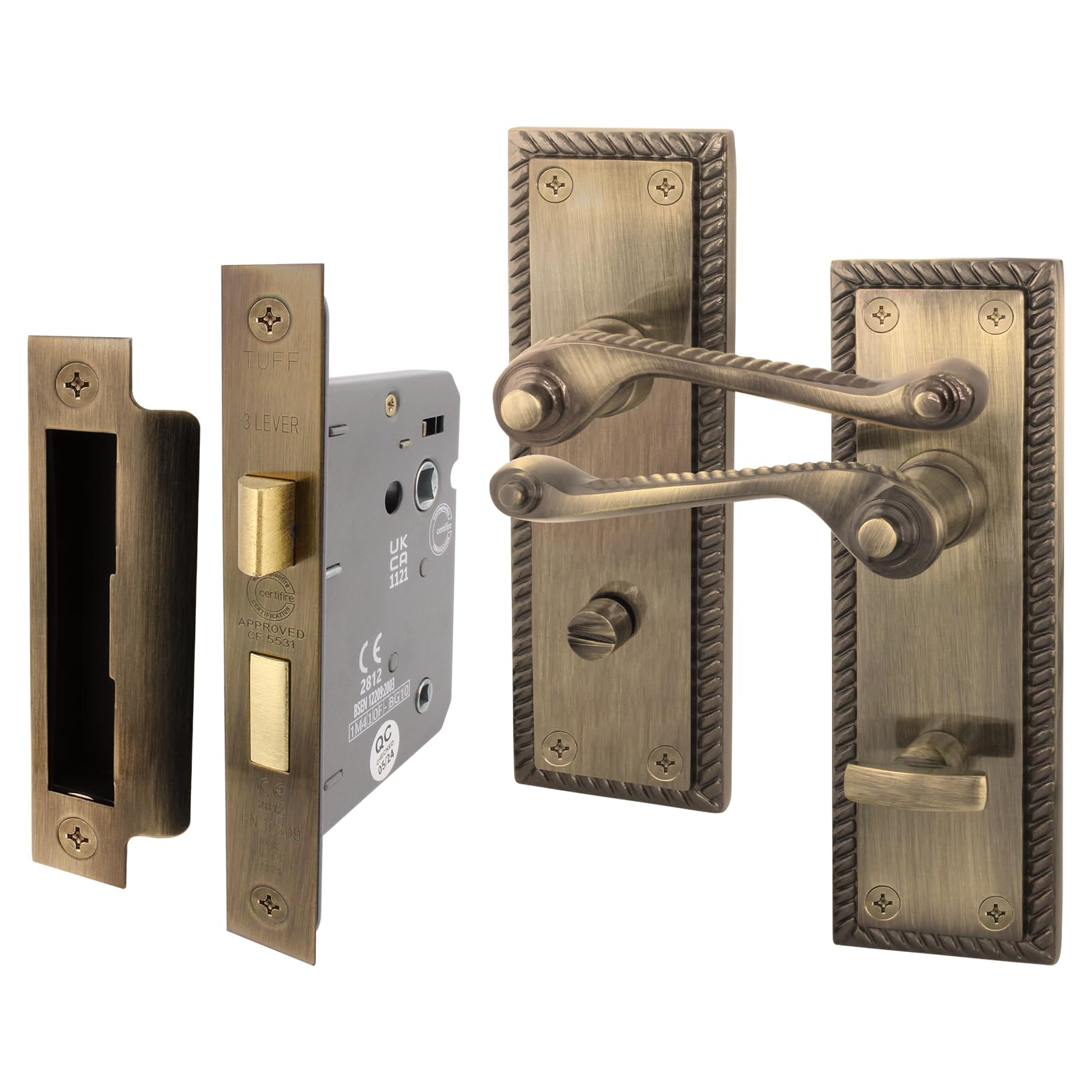 Eai Antique Brass Georgian Scroll Bathroom Door Handle Set - 1 Pair Of Internal Lever Handles & Lock (64Mm) - Rope Design