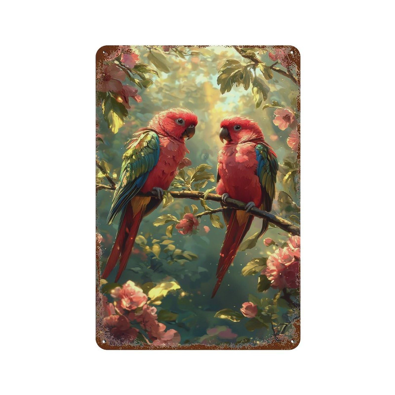 Parrots in Blossom Garden Rustic Tin Plaque 11.8"x7.9", Rustic Home Decor for Office, Studio And Wall Decor