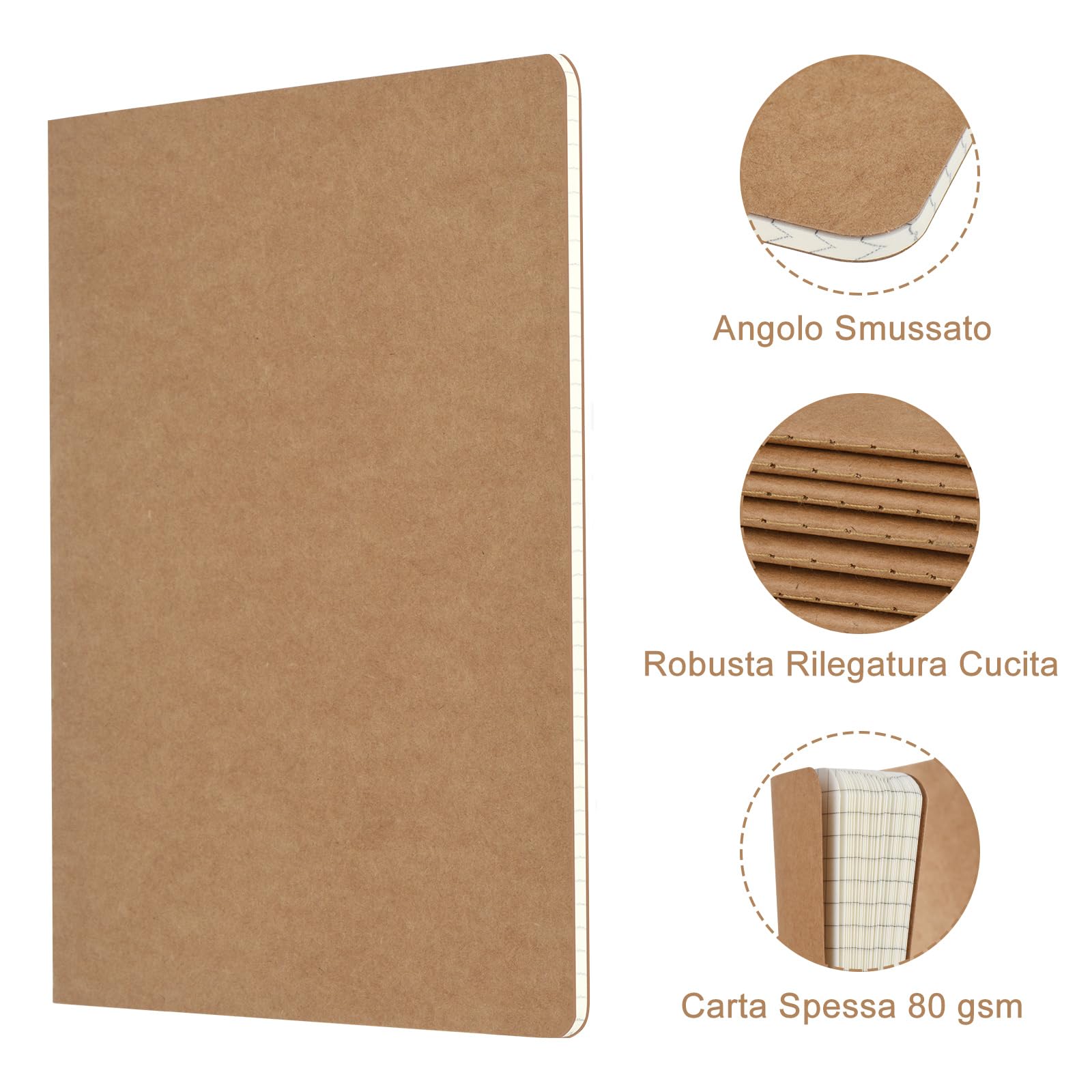 ZCZN Quaderno A5 Quadretto, 12 Pezzi Copertina Kraft, 30 Fogli/60 Pagine, Taccuini per Ufficio e Scuola