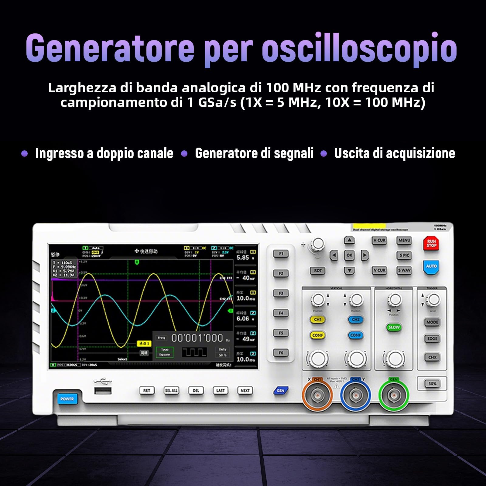 1014D Oscilloscopio Portatile 2 Canali,100 MHz,1 GSa/s Oscilloscopio Digitale/Generatore di segnali 2 in 1,Schermo da 7″,1 GB di memoria,Collegamento PC,Regolazione AUTO/Normale/Singola (Sonda 2*10x)