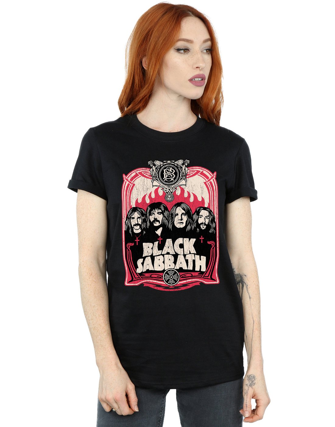 Absolute Cult Women's Black Sabbath Flames Distressed Boyfriend Fit T-Shirt Medium