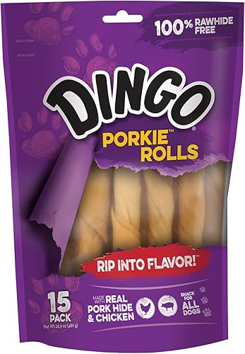 Dingo Porkie Rolls, 100% Masticables de perro sin piel sin curar, 15 unidades