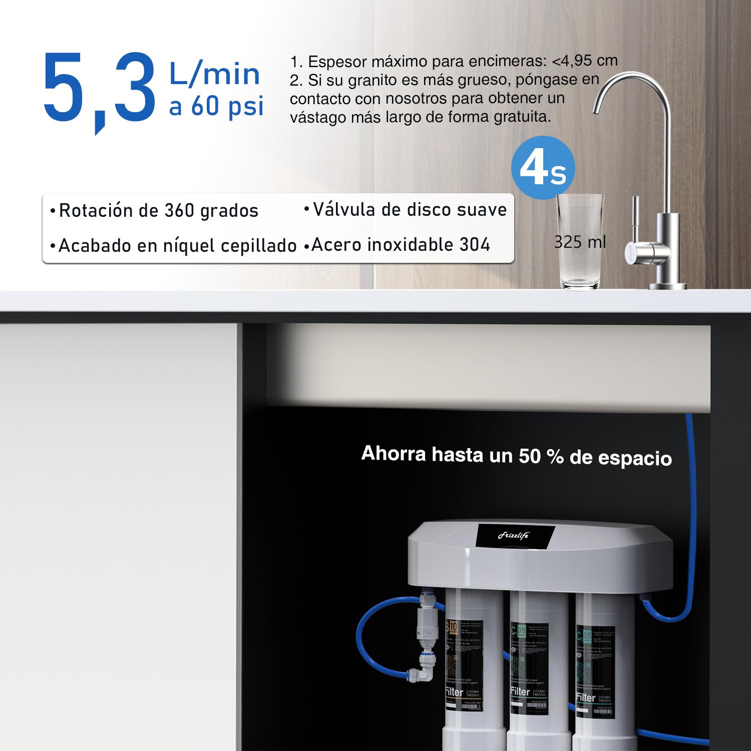 Frizzlife filtro de agua bajo fregadero, certificado NSF/ANSI 53/42/372, filtración 0,5 micras de 8 capas reduce PFAS, PFOA/PFOS, cloramina, plomo y cloro, grifo niquelado, SP99