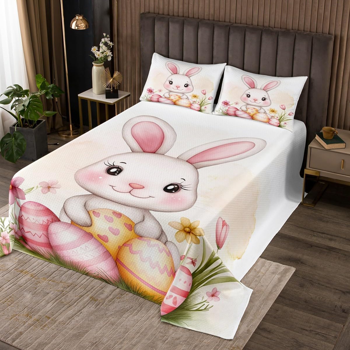 Homewish Cute Easter Rabbit Bedspread Twin Size,Colorful Easter Eggs Bedding Sets for Kids Girls Boys Adult Room Decor,Spring Watercolor Pink Floral Comforter Set Pet Animal Quilt Set,1 Pillowcase