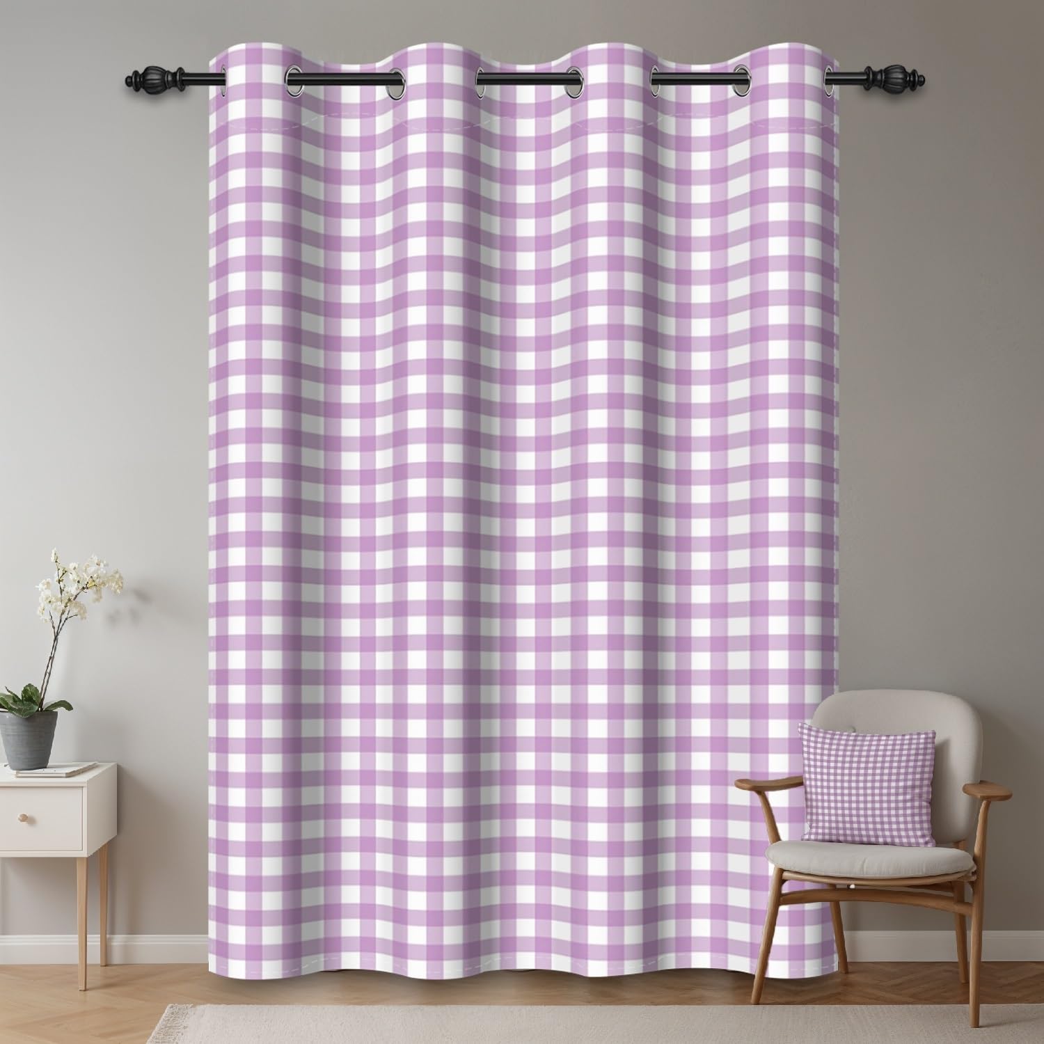 ggaimwf 135x175cm Plaid Eyelet Curtain Buffalo Check Light Purple and White Gingham Checkered Squares Pattern Farmhouse Thermal Grommet Blackout Window Drapes for Bedroom Living Room 1 Single Panel - Image 2