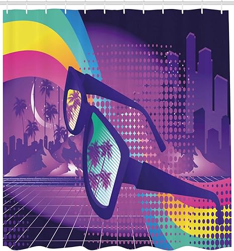 Miniatura 2 de Ambesonne Synthwave - Cortina de ducha, ciudad futurista retro con palmas y rascacielos, arco iris y gafas, juego de decoración de baño de tela con