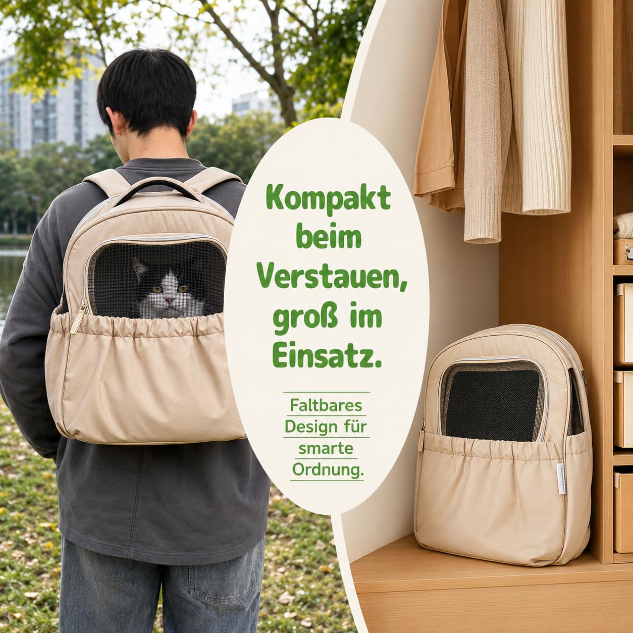 KatzenRucksack HundeRucksack für Kleine Haustiere bis 4 kg - Atmungsaktive & Faltbare Hundetasche, Tragbare und Leichte Katzentasche, mit Netzfenster Haustier Transportboxen (Beige)