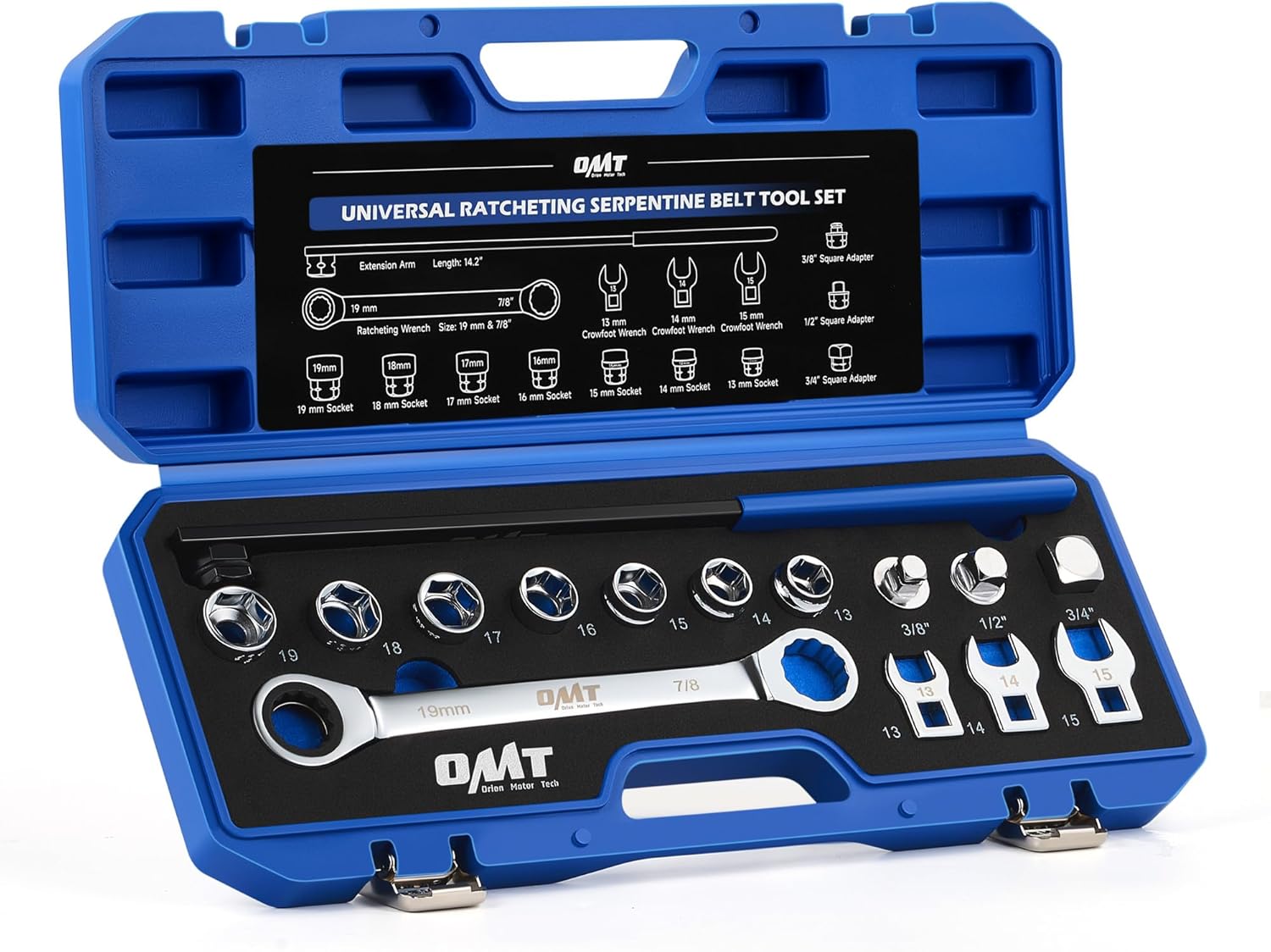 Orion Motor Tech Serpentine Belt Tool Kit, 15-Piece Ratcheting Serpentine Belt Removal and Installation Tool Set with Ratcheting Wrench Sockets Adapters Crowfoot Wrenches Extension