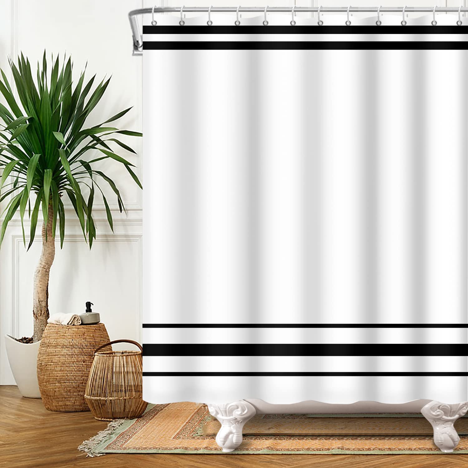 SDOTPMT 105x160cm Black and White Shower Curtain Modern Classic Black Striped Bath Curtain Rustic Farmhouse Minimalism Bathtub Curtain for Bathroom Decor Waterproof with Hooks - Image 2