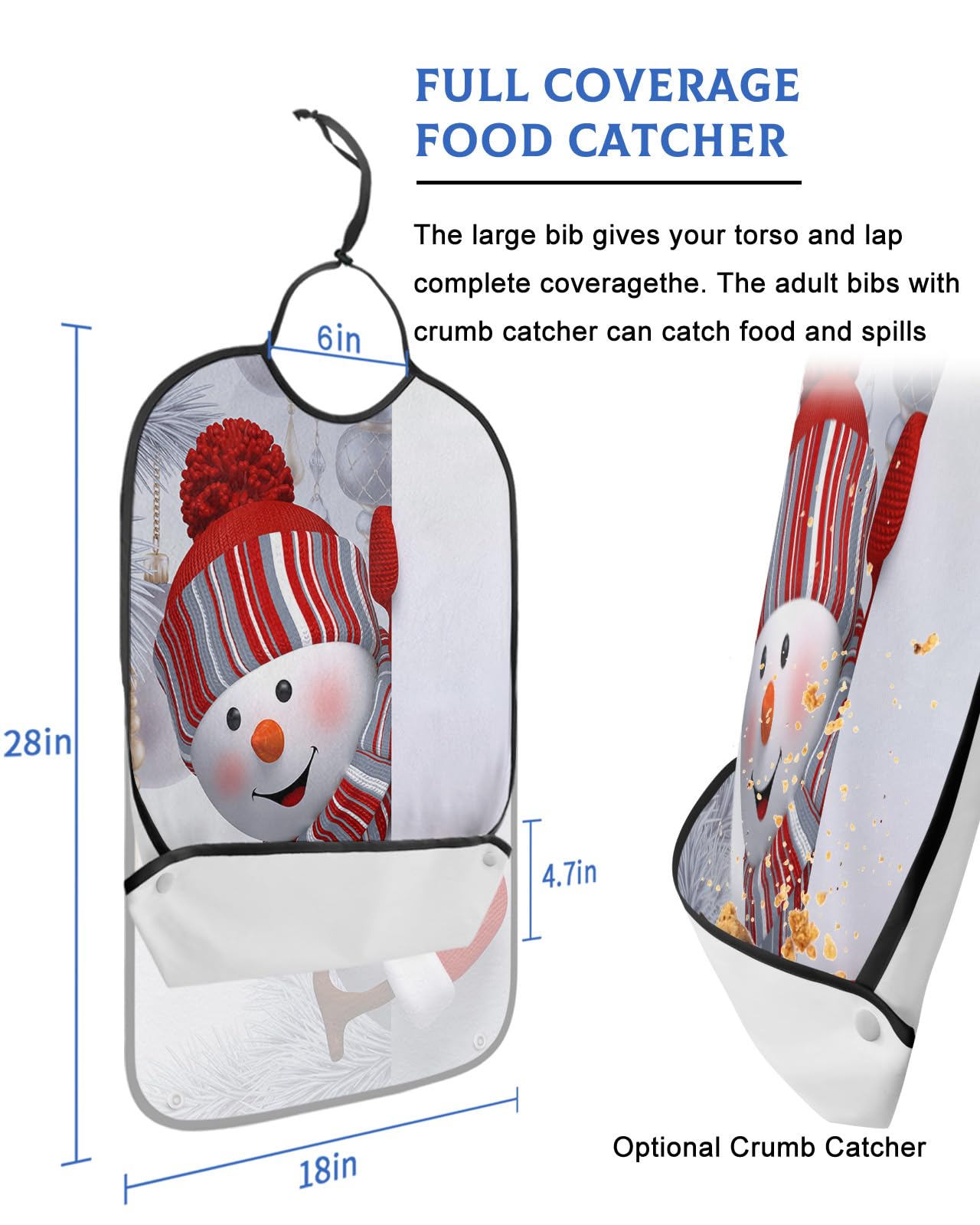 Adult Bibs for Elderly Women - Red Snowman Christmas Waterproof Dining Clothing Protectors with Crumb Catcher for Eating/Feeding, Gray Xmas Tree Winter Snowflake Terry Cloth Bib Machine Washable