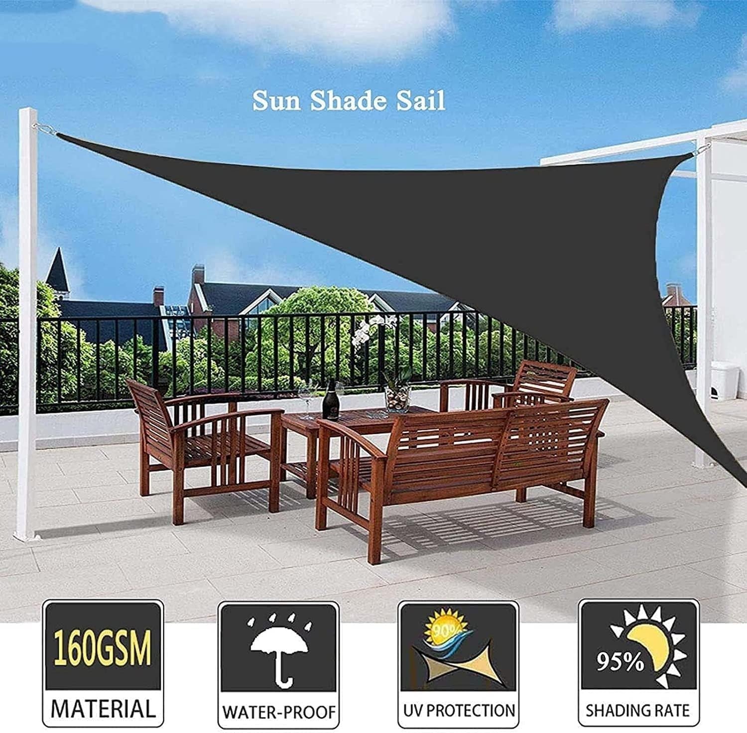 Trójkątny Żagiel Przeciwsłoneczny 3x4x5m Ochrona Oddychający HDPE UV 95% Na Taras Ogrodowy Outdoor Camping Patio Jajko Pokrowiec Krzesło(Black,3x4x5m)