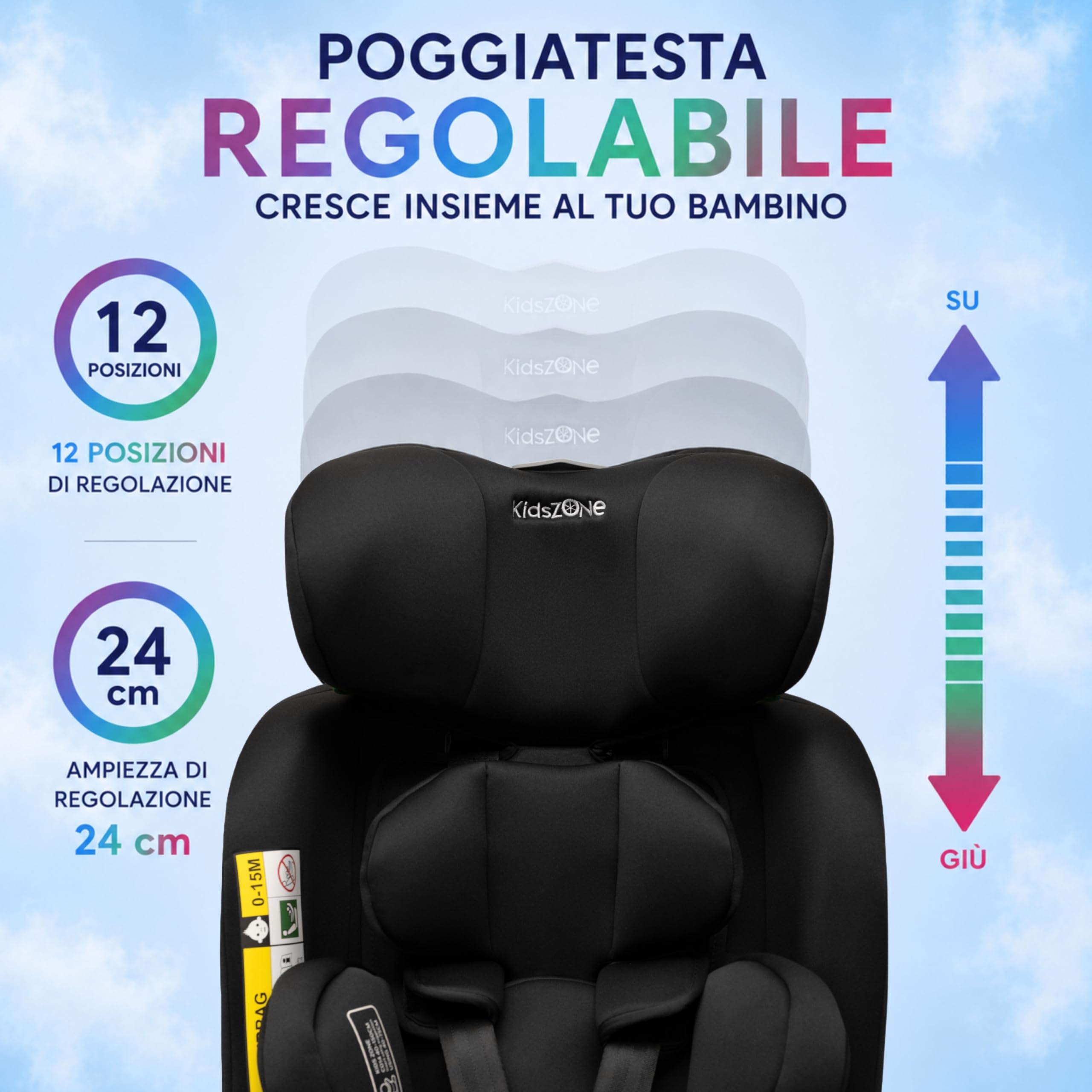 KidsZone Seggiolino Auto 0-36 kg Isofix Girevole 360° - 0-12 anni Gruppo 0/1/2/3 40-150 cm i-Size - Schienale Reclinabile In 8 Posizioni, Regolazione Del Poggiatesta (24 Cm)