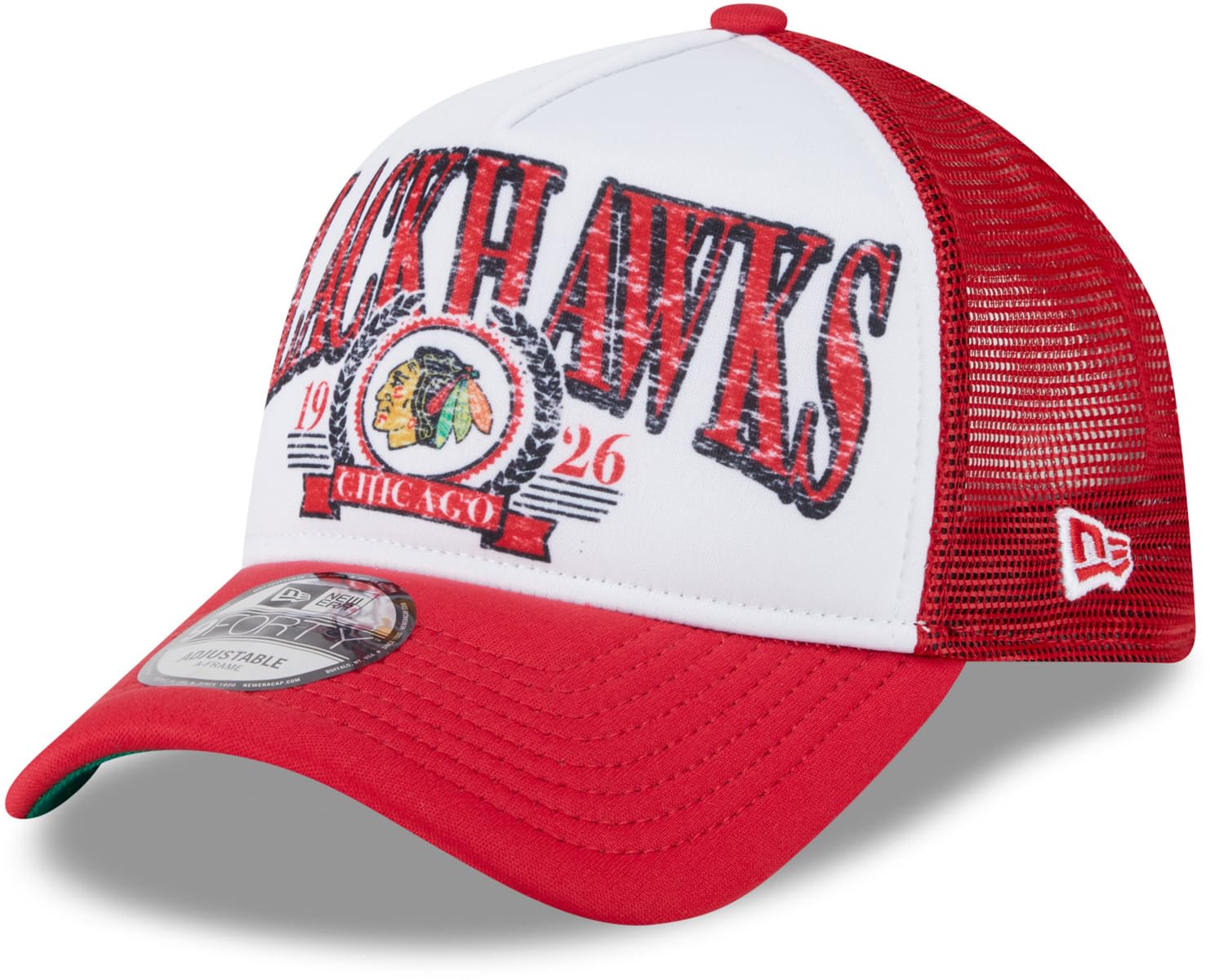 New Era 9Forty NHL Team A-Frame Distressed Trucker Cap (UK, Alpha, One Size, Black, Chicago Blackhawks)