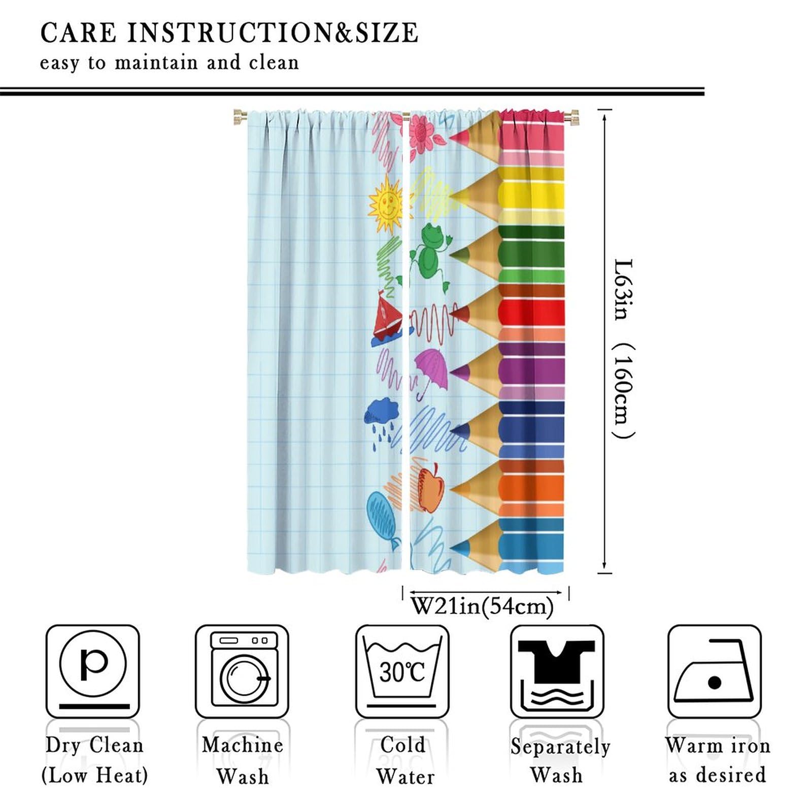 Kids Cartoon Pencil Curtains Colorful Cute Crayon Funny Art Printed Blackout Rod Pocket Curtains for Nursery Bedroom Living Room Decor Thermal Insulated Window Drapes 2 Panel Set 42x63in