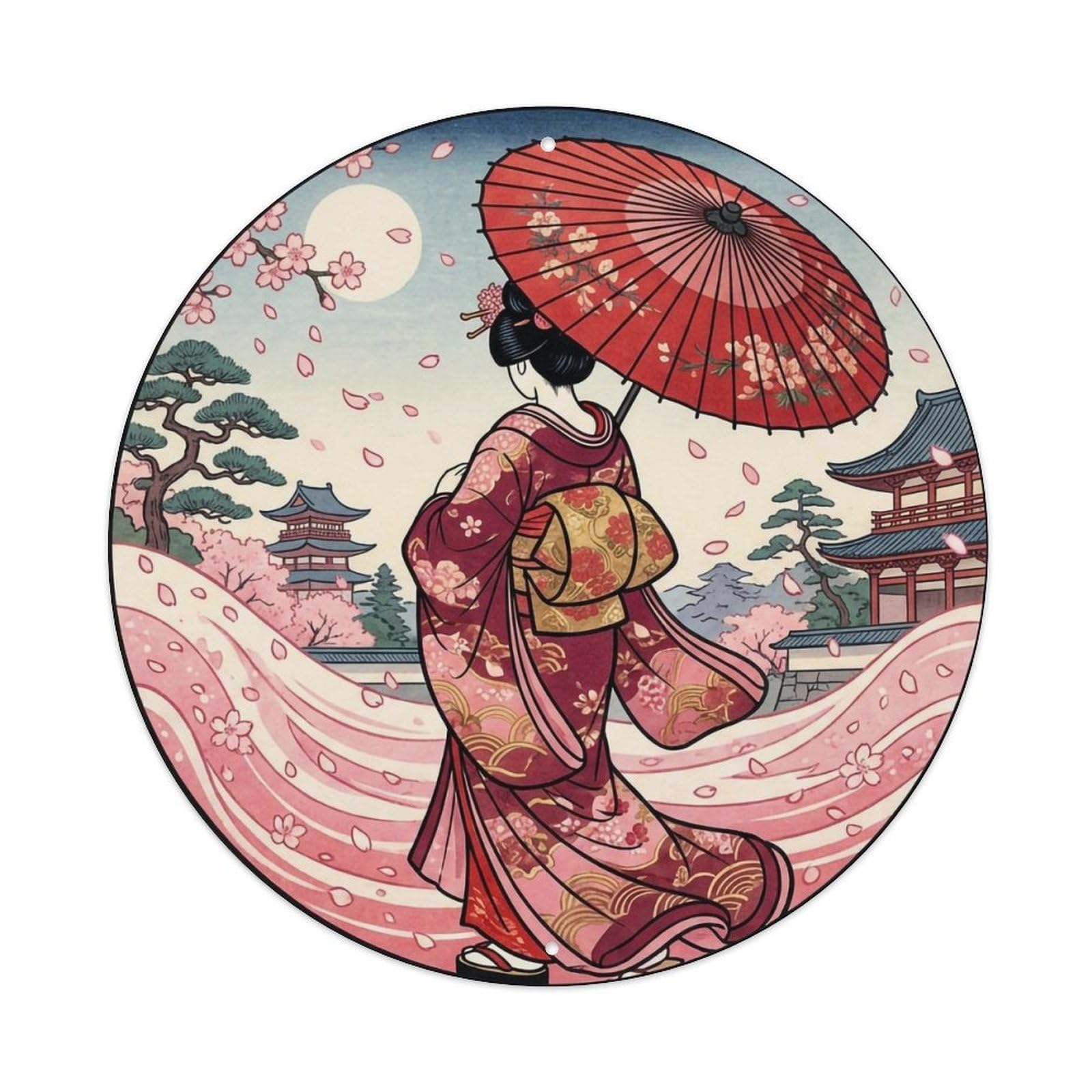 Japanese Geisha Red Umbrella Cherry Petals Rain Scene Metal Tin Sign
