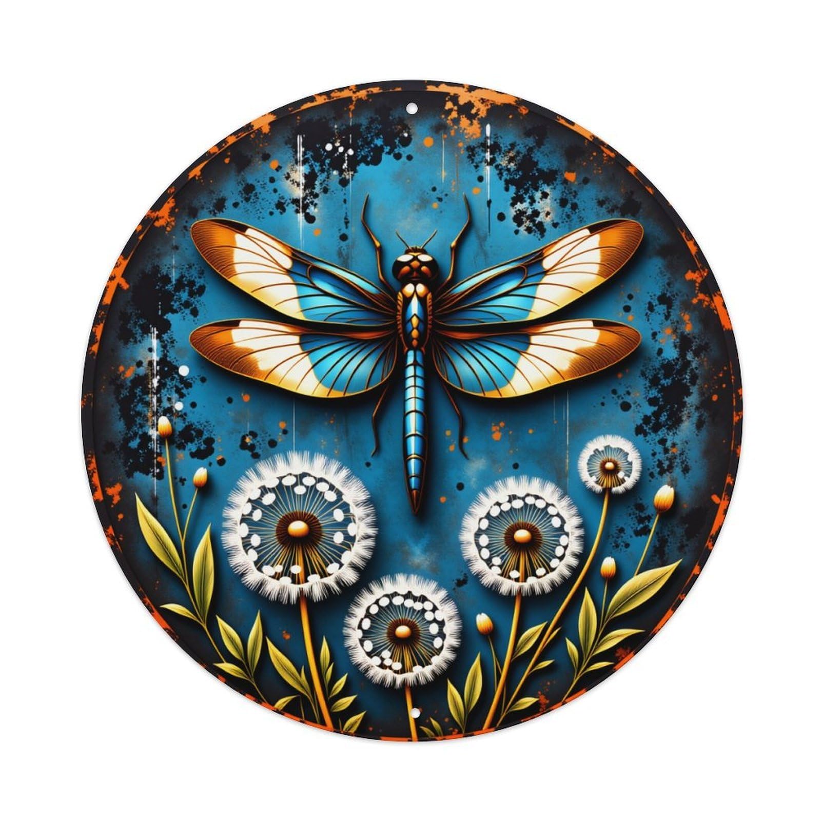 Dragonfly Dandelion Blue Orange Art Round Tin Sign Vintage Metal Poster Retro Bar, Home, Man Cave, Kitchen, Laundry Room Wall Art Decor Gift 8x8Inch