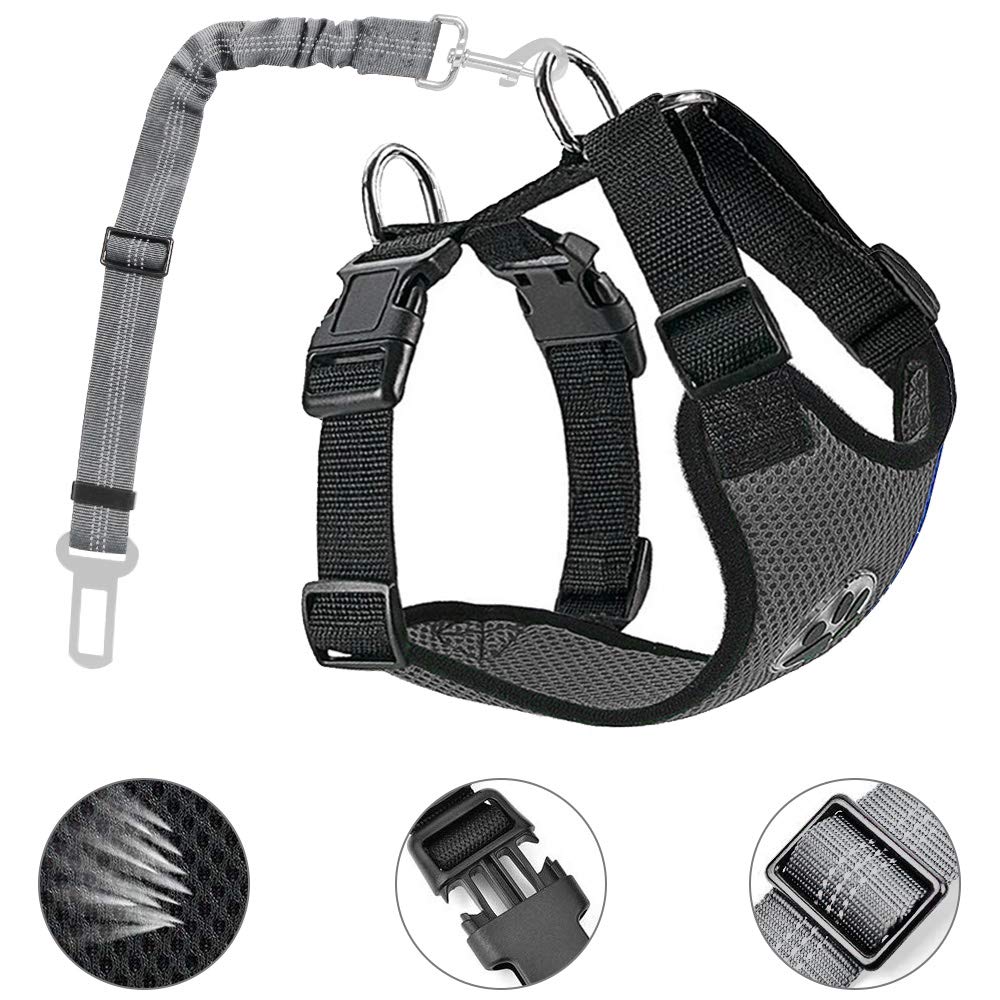 AutoWT Dog Safety Vest Harness, Pet Car Harness Dog Safety Seatbelt Breathable Mesh Fabric Vest with Adjustable Strap for Travel and Daily Use in Vehicle for Dogs Puppy Cats (S, Grey)