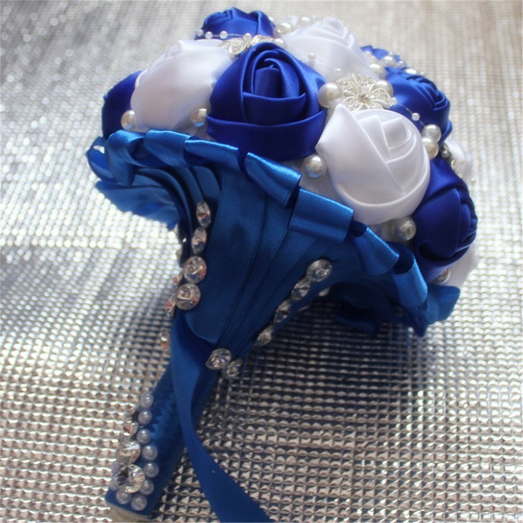 Bouquet de Mariage Deluxe Strass Perles Fleurs Ruban pour Mariée Demoiselle d'honneur(Royal Bleu+Blanc,21CM)