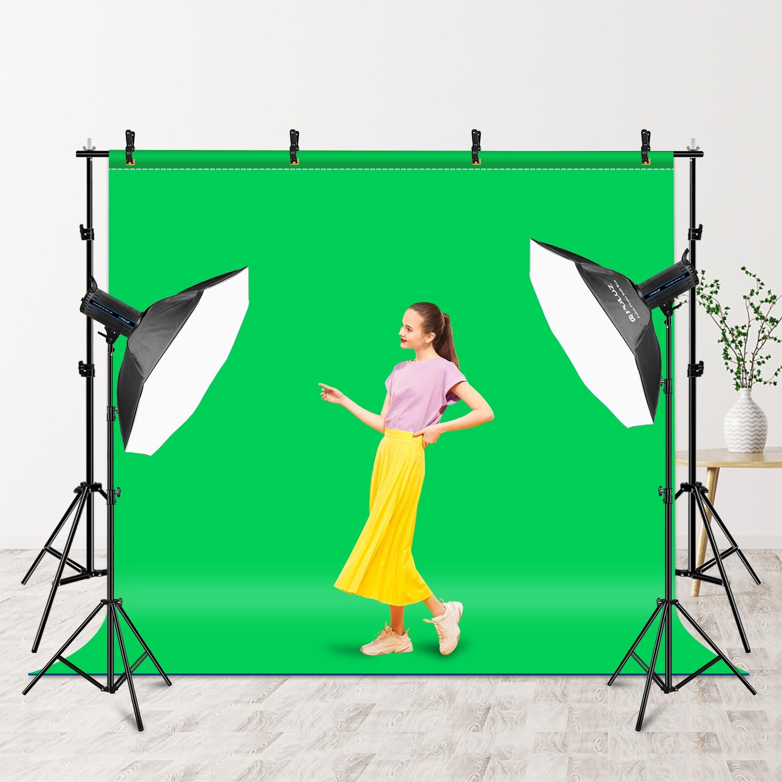 PULUZ Kit di supporto per fondale, 2 x 2 m, regolabile, verde, solo con borsa per il trasporto + 4 clip per studio fotografico, feste, matrimoni ed eventi