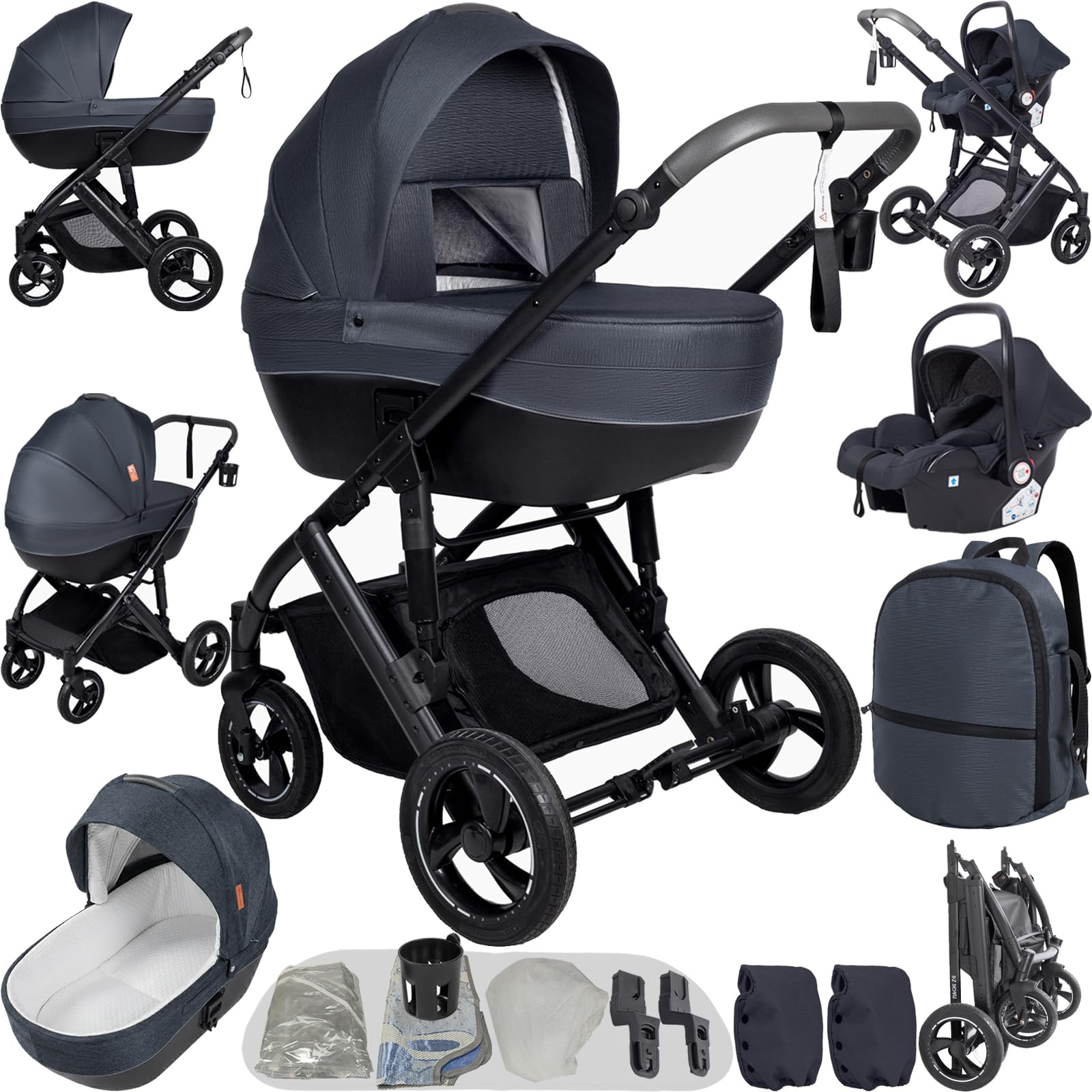 Magic ZC PU Leather 3 in 1 Pushchair Pram Travel System, Baby Stroller 3 in 1 with Reversible Two Pushing Modes, Newborn Infant Carriage One-Click Folding, Toddler Buggy Aluminum Frame (Black 518) — view 26