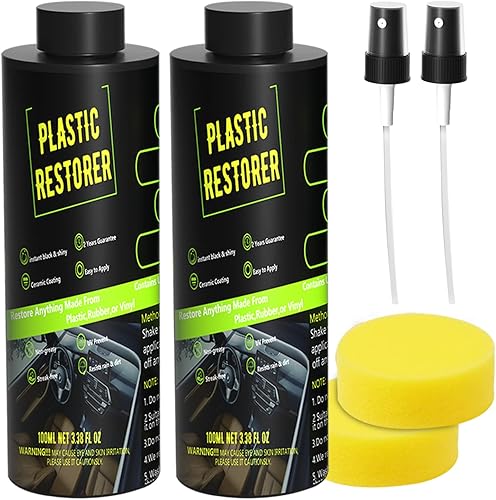 Plastic Restorer for Cars, 2PCS Car Plastic Parts Refurbish Agent Set, Automotive Interior Plastic Part Ceramic Coating with Sponge and Nozzle,