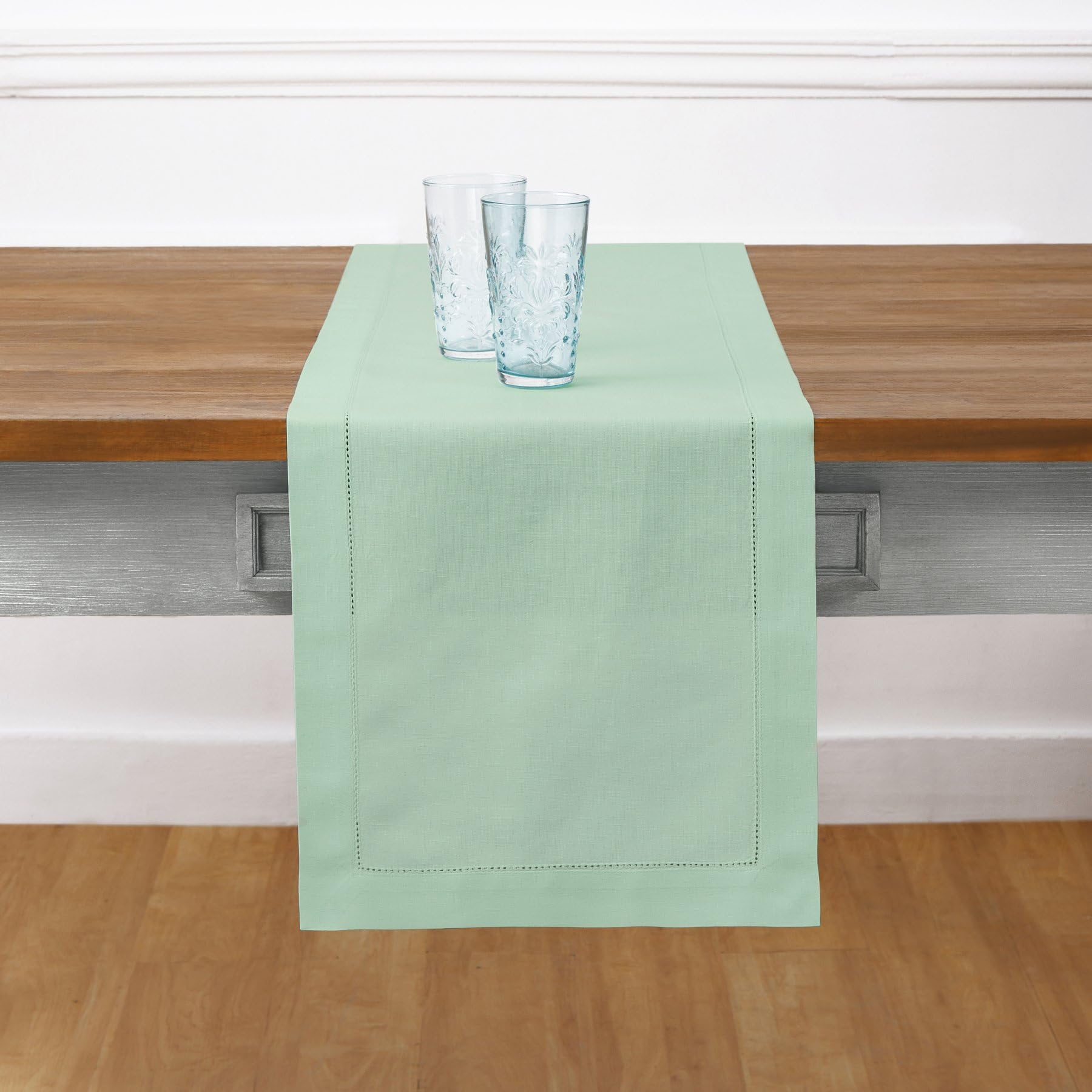 Solino Home Table Runner 108 Inches Long - Cotton Linen Hemstitch Aqua Table Runner 14 x 108 Inch