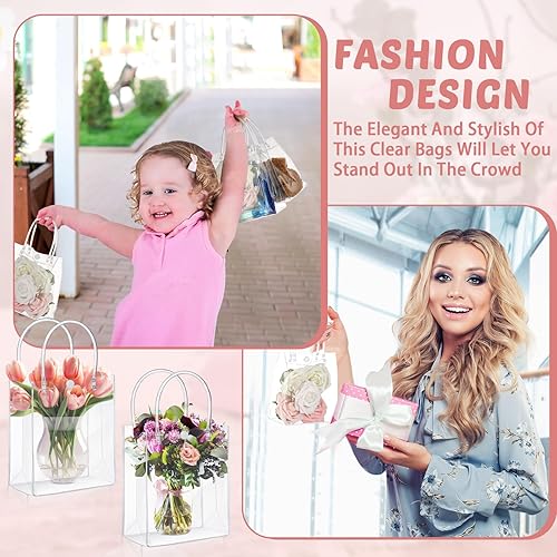 Miniatura 6 de LEIFIDE 50 bolsas de regalo de plástico transparente con asas, bolsas reutilizables de PVC transparentes para golosinas, dulces, escuela, fiesta de