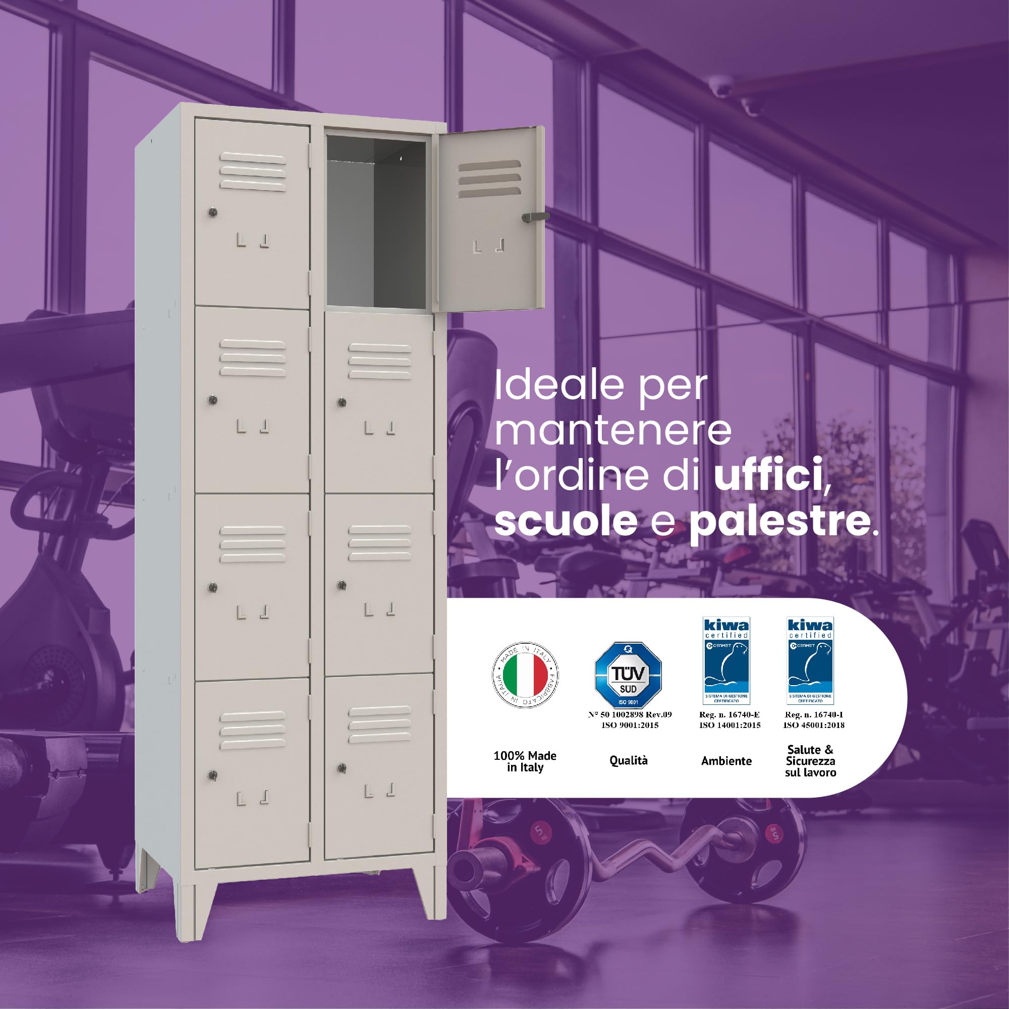 XLOCKERS Armadio Casellario in Metallo per Ufficio, Scuola, Palestra - 8 Posti Salvaspazio con Serratura e Chiave, Made in Italy, Grigio RAL 7035, 61,5x50x180 cm