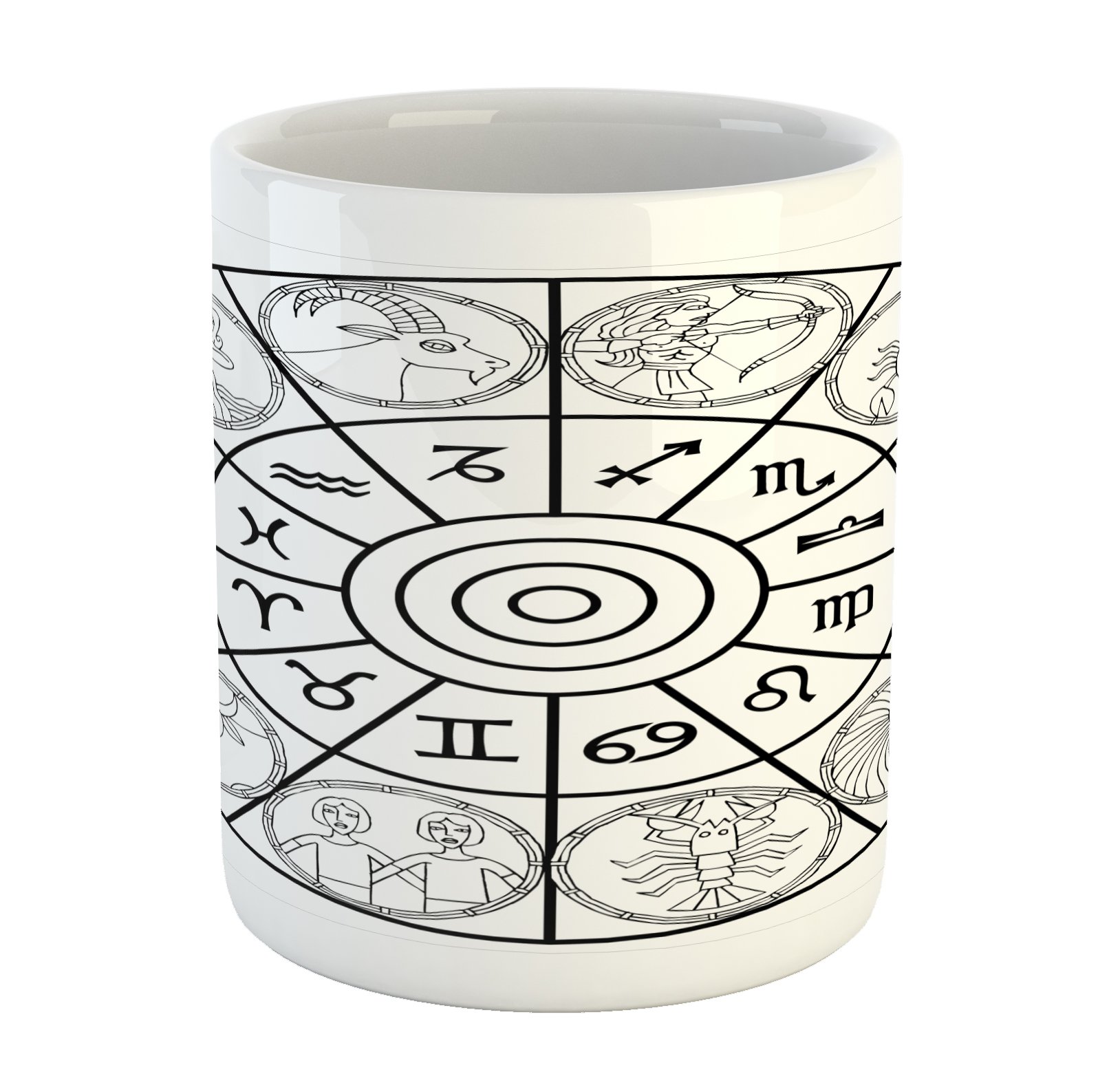 Lunarable Zodiac Mug, Zodiac Clock with Signs Ecliptic Coordinates System Birth Chart of Solar Print, Printed Ceramic Coffee Mug Water Tea Drinks Cup, Black White