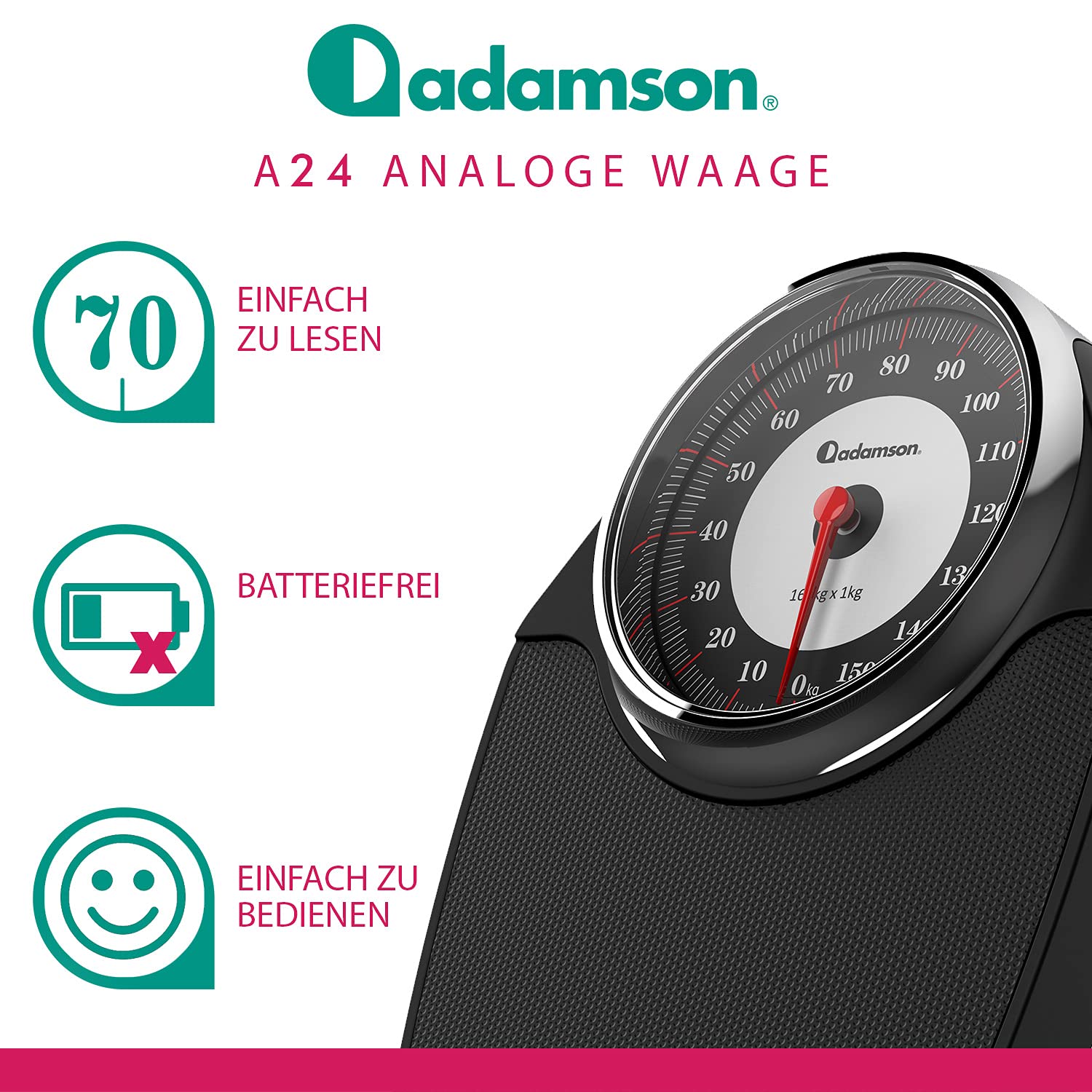 Adamson A24 Analogwaage - NEU - bis 160kg, rutschfeste Gummioberfläche, extra große Ziffern, hochpräzise Personenwaage Analog, langlebig, 20-Jahre Support für Haushalt, Schlafzimmer, Bad