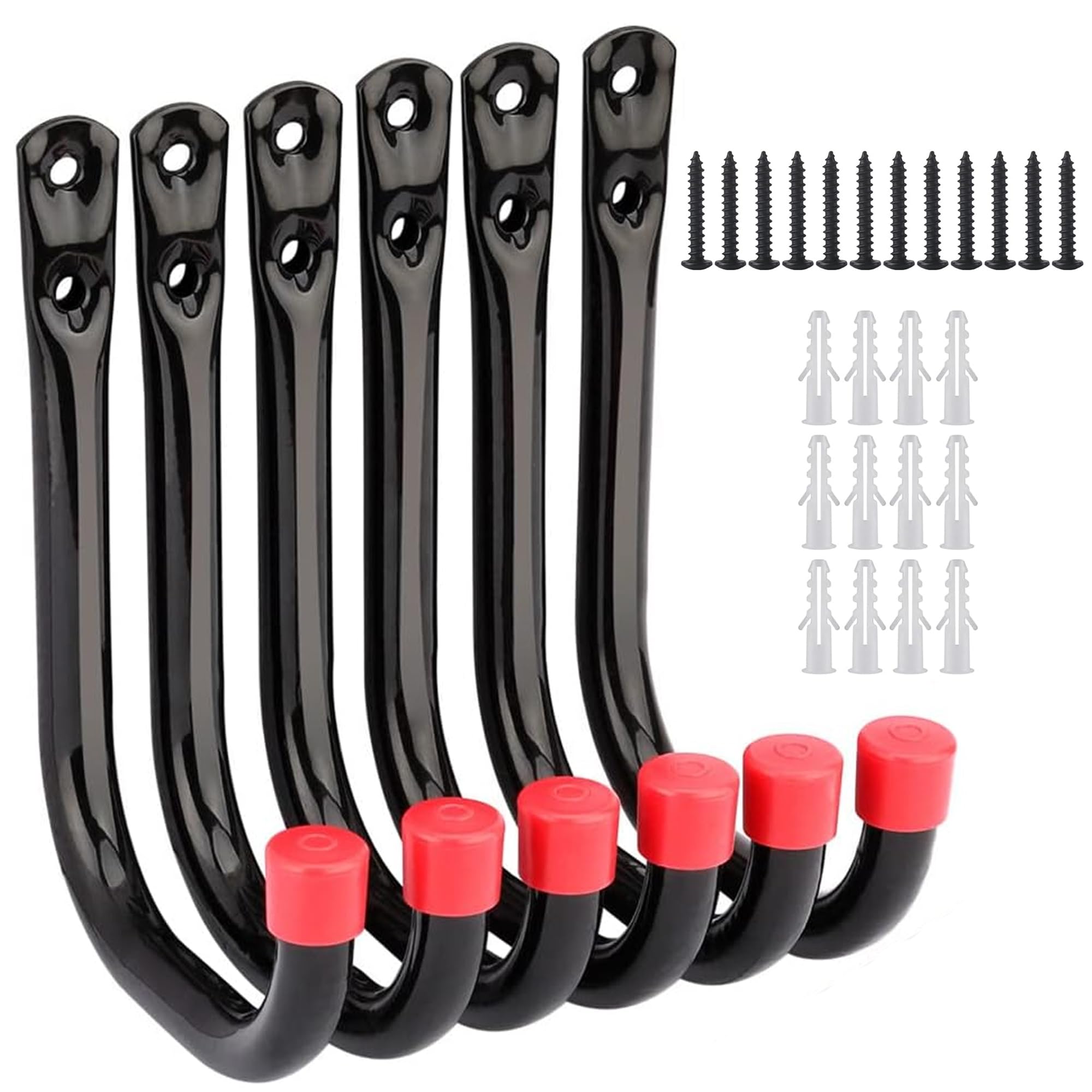 AmzDaKai Heavy Duty Storage Hooks 6-Pack, Rustproof Wall Mounted Hangers for Garage, Shed and Workshop Organization, Bicycle, Ladder and Garden Tool Brackets(Red)