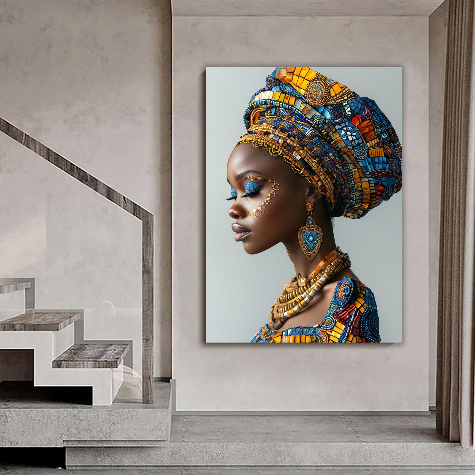 WQBQKKX Mujer Africana Lienzo Cuadro Retrato abstracto Cuadro Sobre Lienzo Moderno Dormitorio Cocina Cuadros Pared Imágenes Wall Art（Azul 16-70x100cm Enmarcado