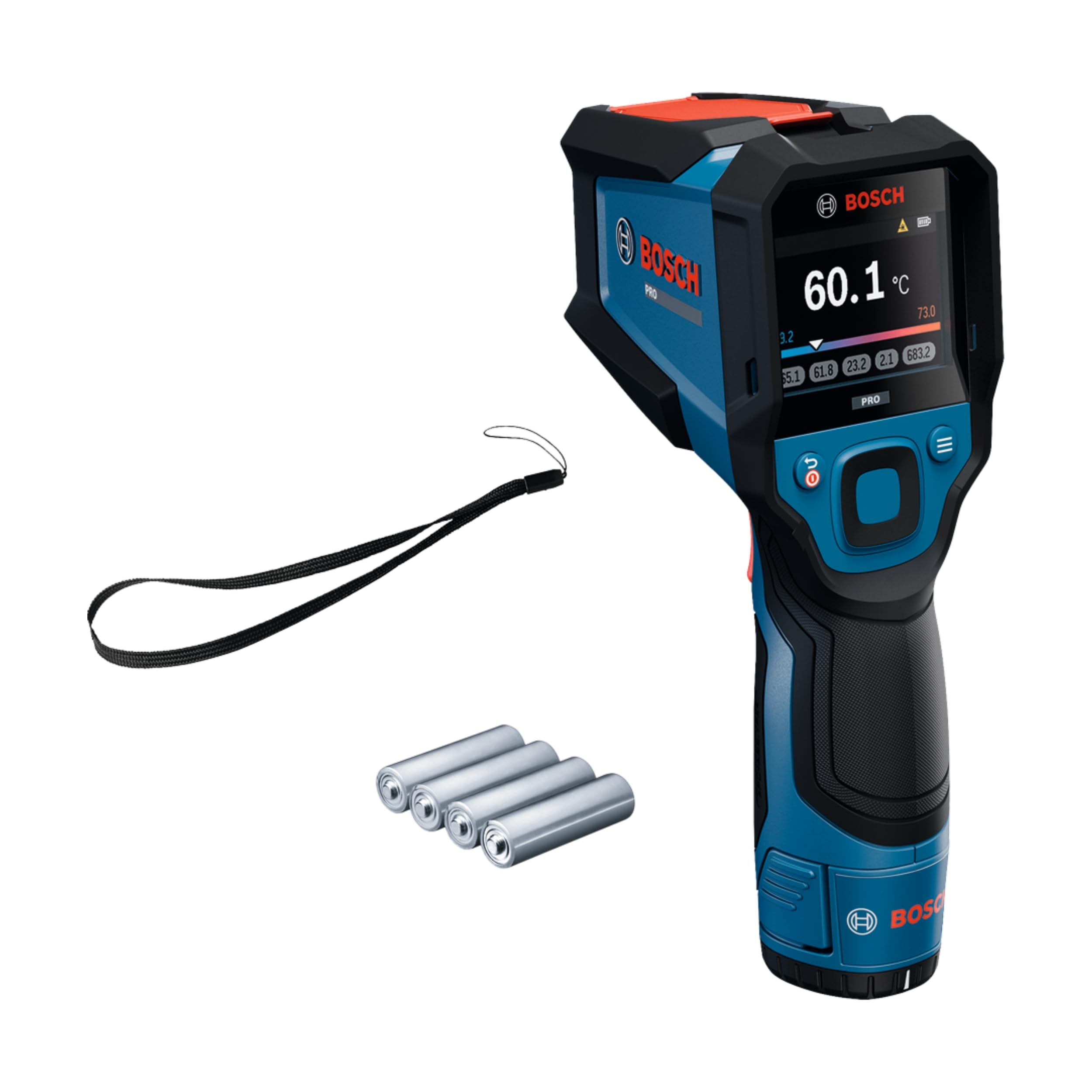 Bosch PRO GIS12V‑700‑14 Infrarot‑Thermometer, großes Grafik‑Display, IP54, 2 m Sturzschutz, Dual‑Power, inkl. Batterieadapter & AA‑Batterien – präzise Temperaturmessung im Profi‑Bereich