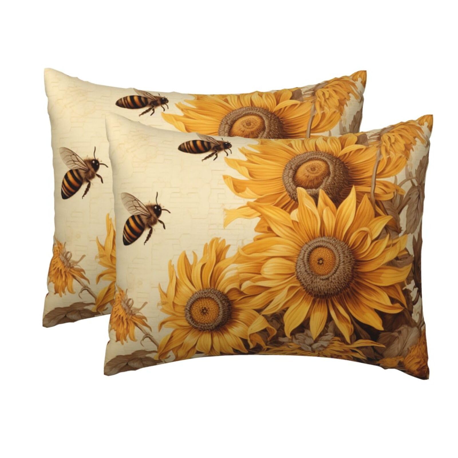 2 Pack Standard Size Pillow Cases for Hair and Skin Soft Breathable Pillow Case Covers with Hidden Zipper Bees and Sunflowers Pillowcase 20x26 Inches Pillow Cover for Sleeping Gift