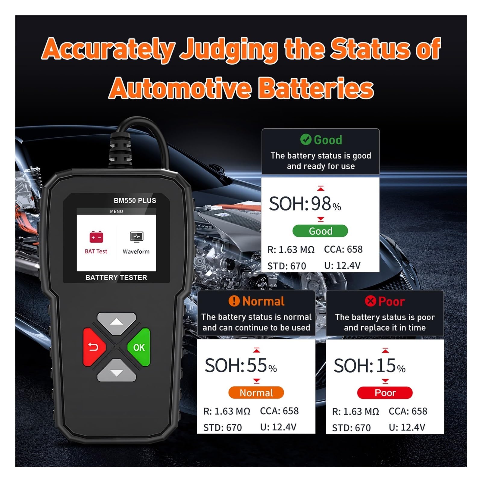 BM550 PLUS Tester for batteria auto 6V 12V 24V CCA SOH SOC Schermo a colori Forma d'onda Analizzatore di batteria auto Rilevamento strumenti, Tester per Batterie