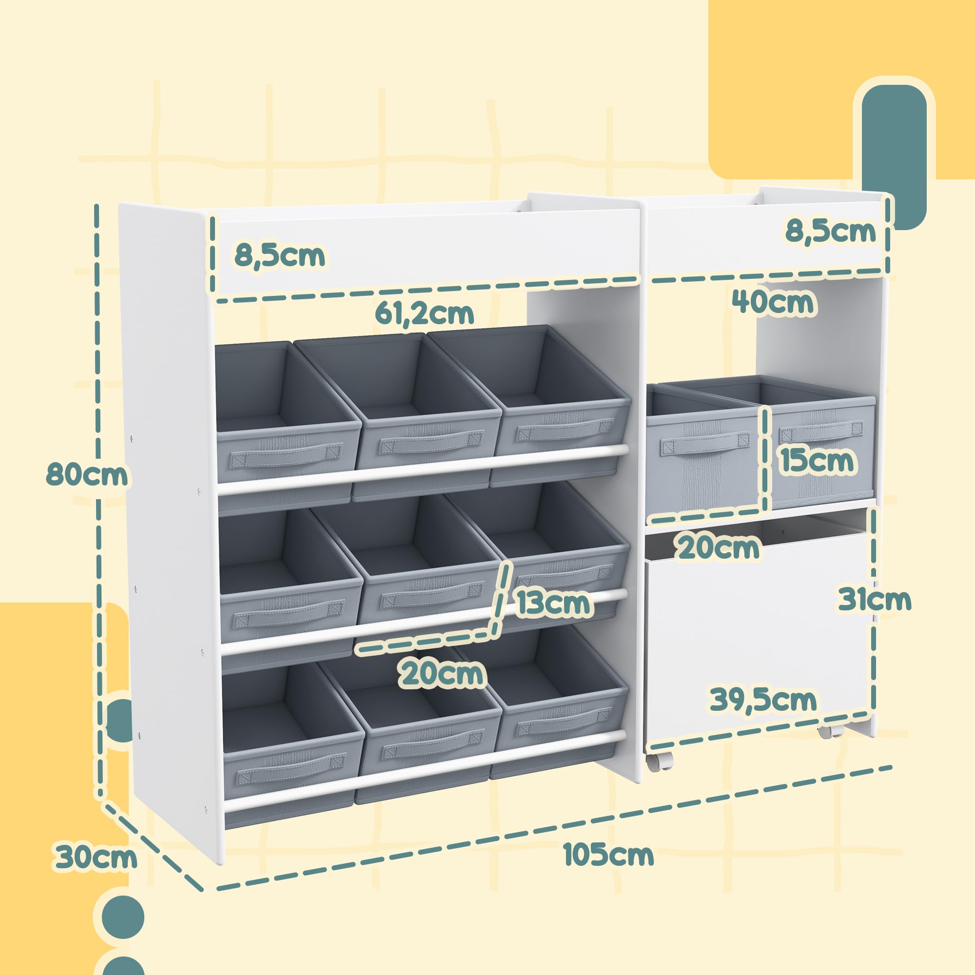 AIYAPLAY Étagère de Rangement Enfant pour Jouets et Livres, avec 11 bacs de rangements en Tissu Non tissé et Un Cabinet sur roulettes, pour Chambre, Salon, Salle de Jeu, 105x30x80cm, Blanc