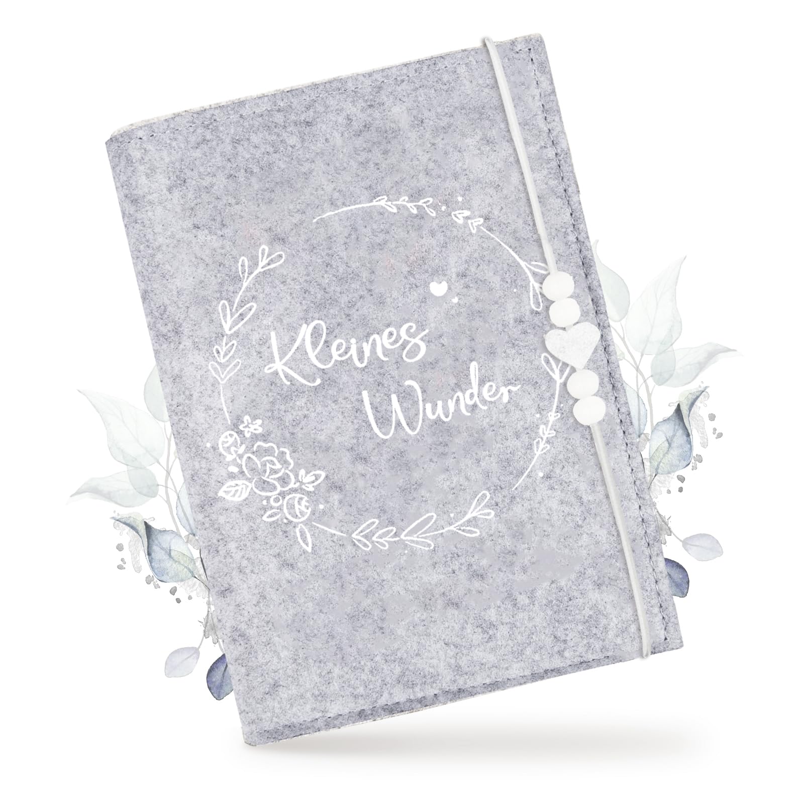Mutterpasshülle aus Filz für Deutschen Mutterpass – Hellgrau mit weißen Perlen & weißem Herz, Mutterpass Schutzhülle zur Aufbewahrung von Impfpass & Ultraschallbildern, Geschenk für Schwangere