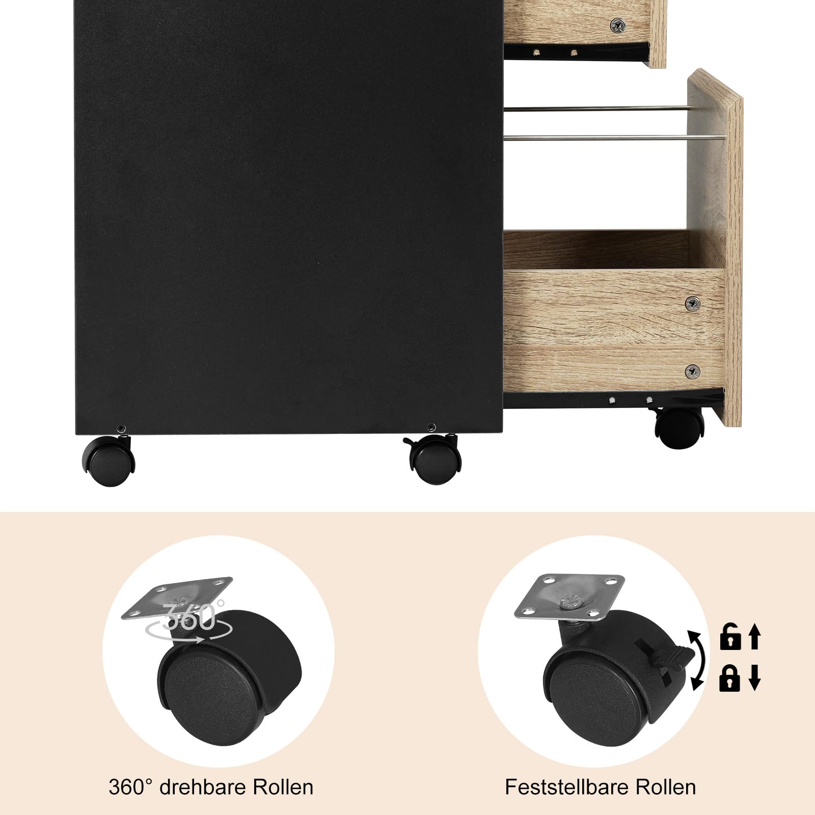 WOLTU mobiler Aktenschrank, Schrank für Aktenordner, Aufbewahrungsschrank im Büro, Büroschrank mit Rollen, Rollcontainer mit 3 Schubladen, helle Eiche schwarz, 40x71.5x40cm, ASK01hei