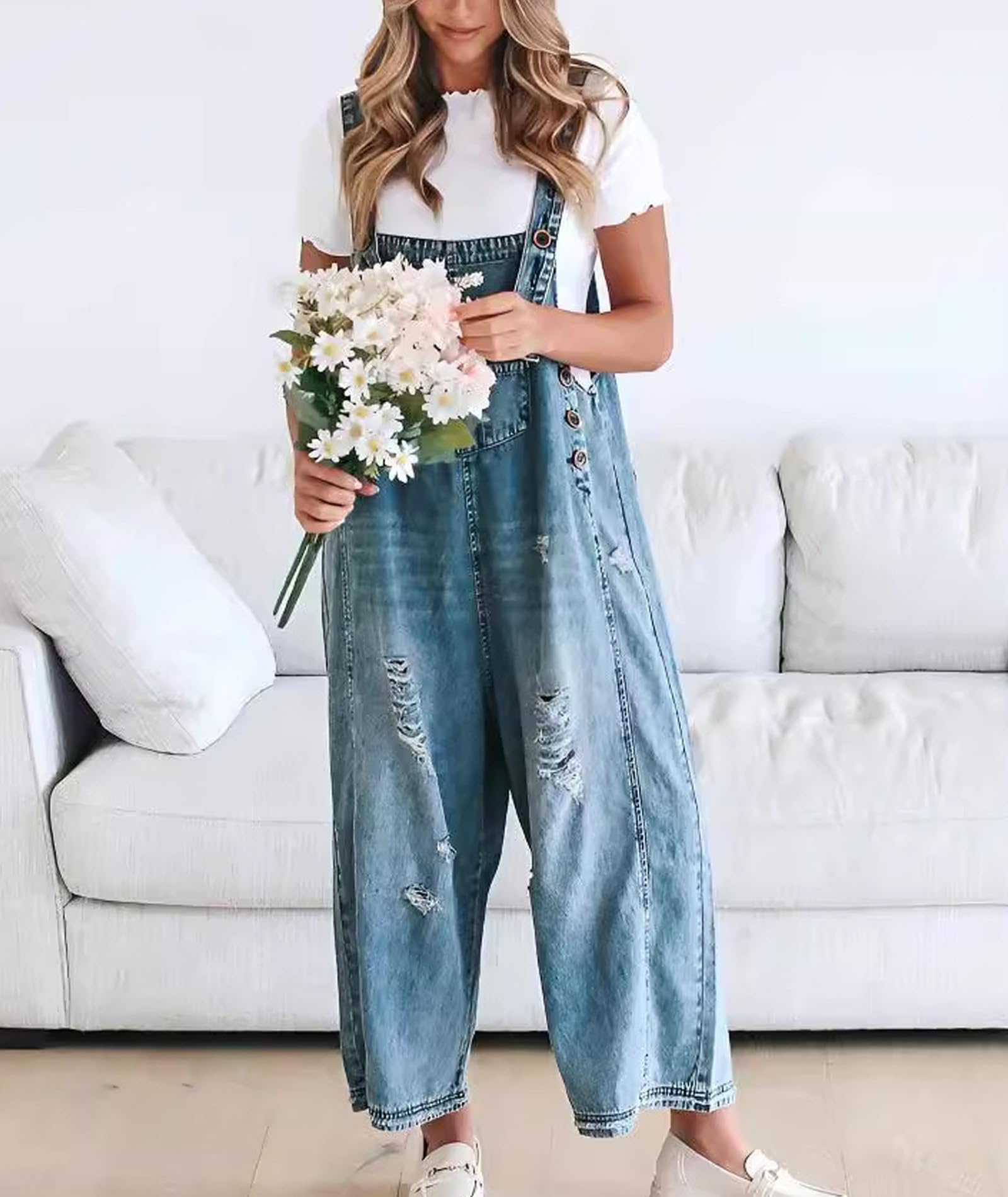 SOMTHRON Salopette ample en jean à bretelles réglables pour femme