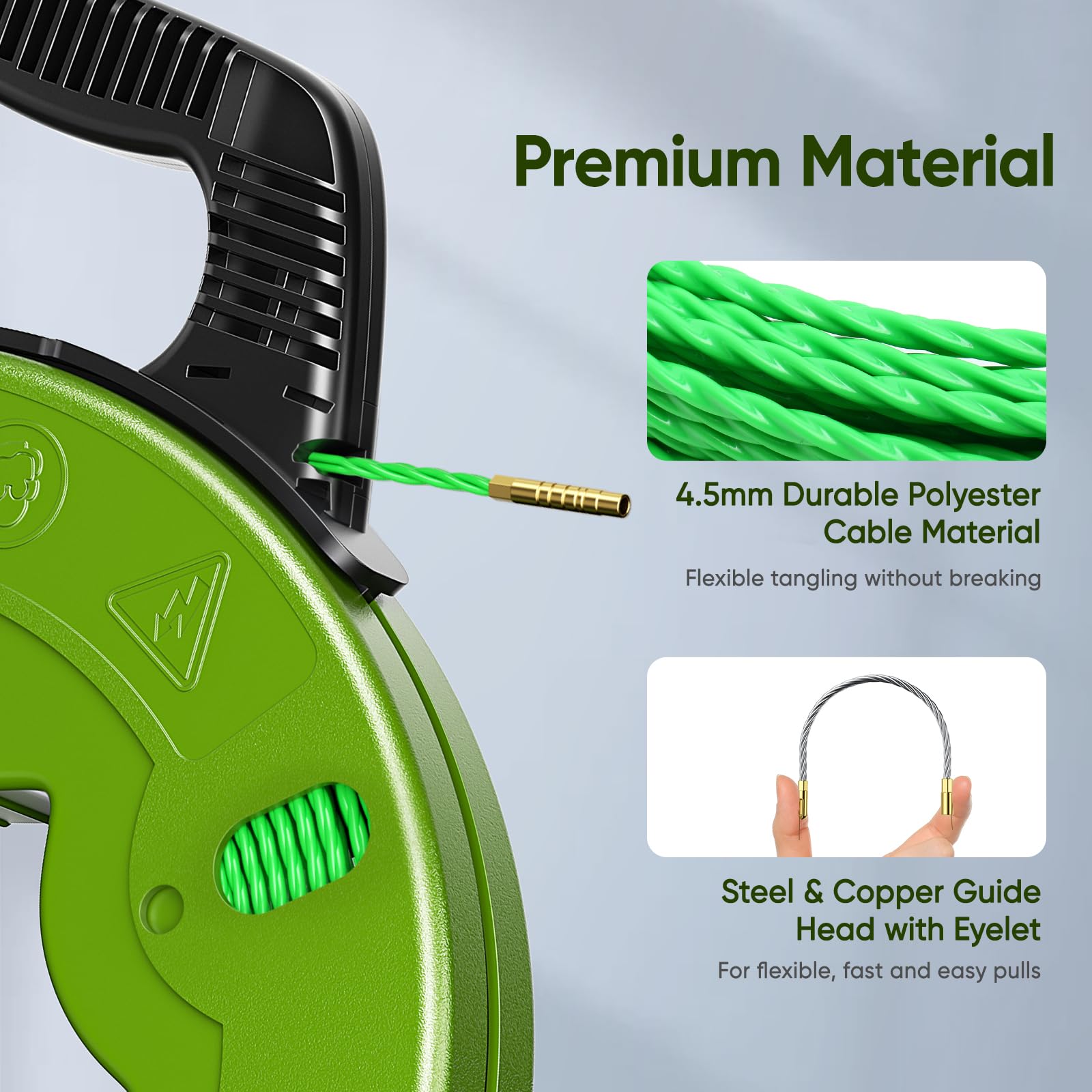 50m Guia Pasacables, 4,5mm Guia Electricista con 6 Adaptadores, Pasacables Cable Eléctrico de Poliéster, Guia Cables Espiral Ayuda de Extracción de Cables para Tirar de Cable