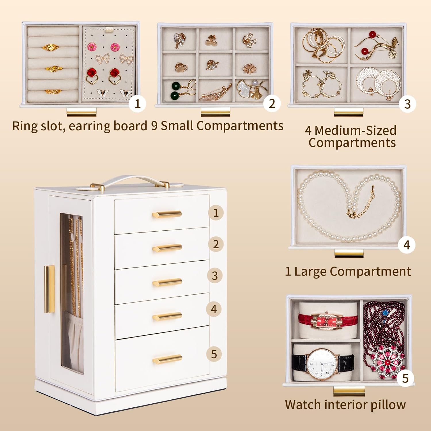 White MDF 360° Rotating Jewelry Storage Box with Glass Windows