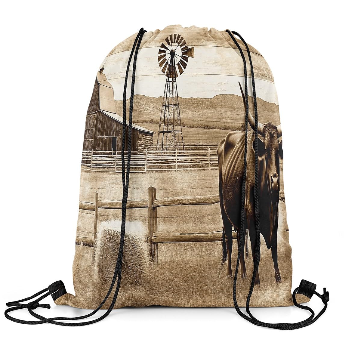Loussiesd Western Decor Drawstring Backpack 40x33cm Rustic Farmhouse Cow Windmill Sports Gym String Bag Retro Grass Drawstring Bags Farm Nursery Waterproof Cinch Bag Sports Drawstring Sackpack