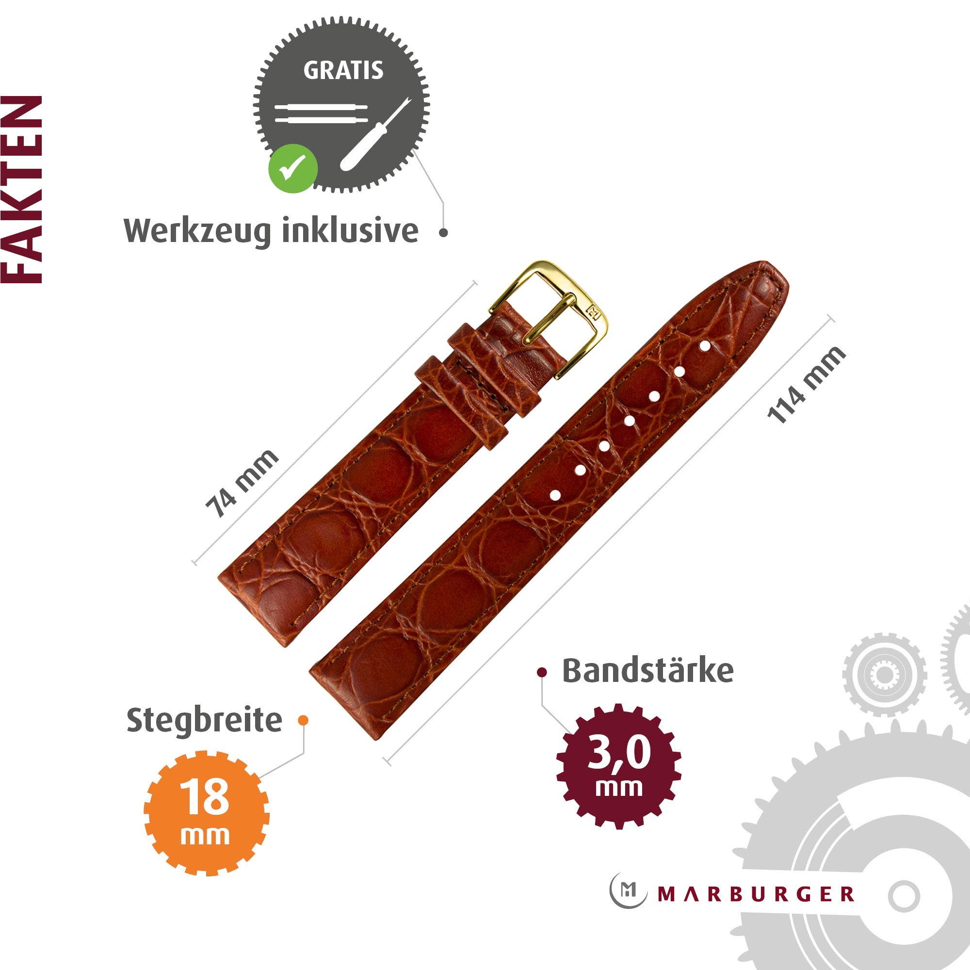 MARBURGER Uhrenarmband 18mm Leder Kroko (Caiman) Prägung Mit Naht - Werkzeug Montage Set 52918