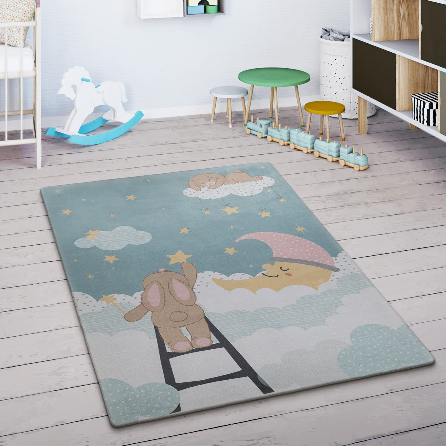 Paco Home Tapis Enfant Tapis Chambre Enfant Etoile Nuage Lune Lièvre Turquoise Crème Rose, Dimension:155x230 cm